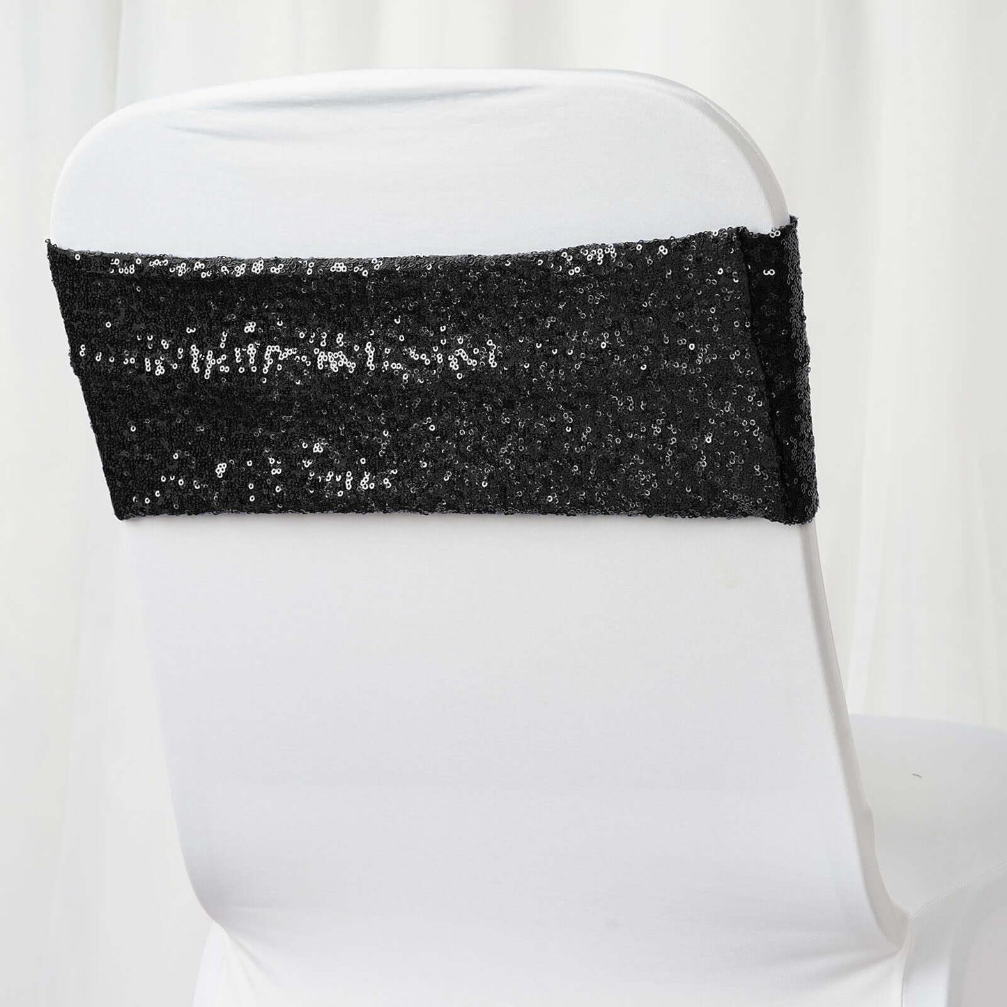 5 Pack Sequin Spandex Chair Sashes Black - Sparkly Stretch Chair Bands for Glamorous Events 6"x15"