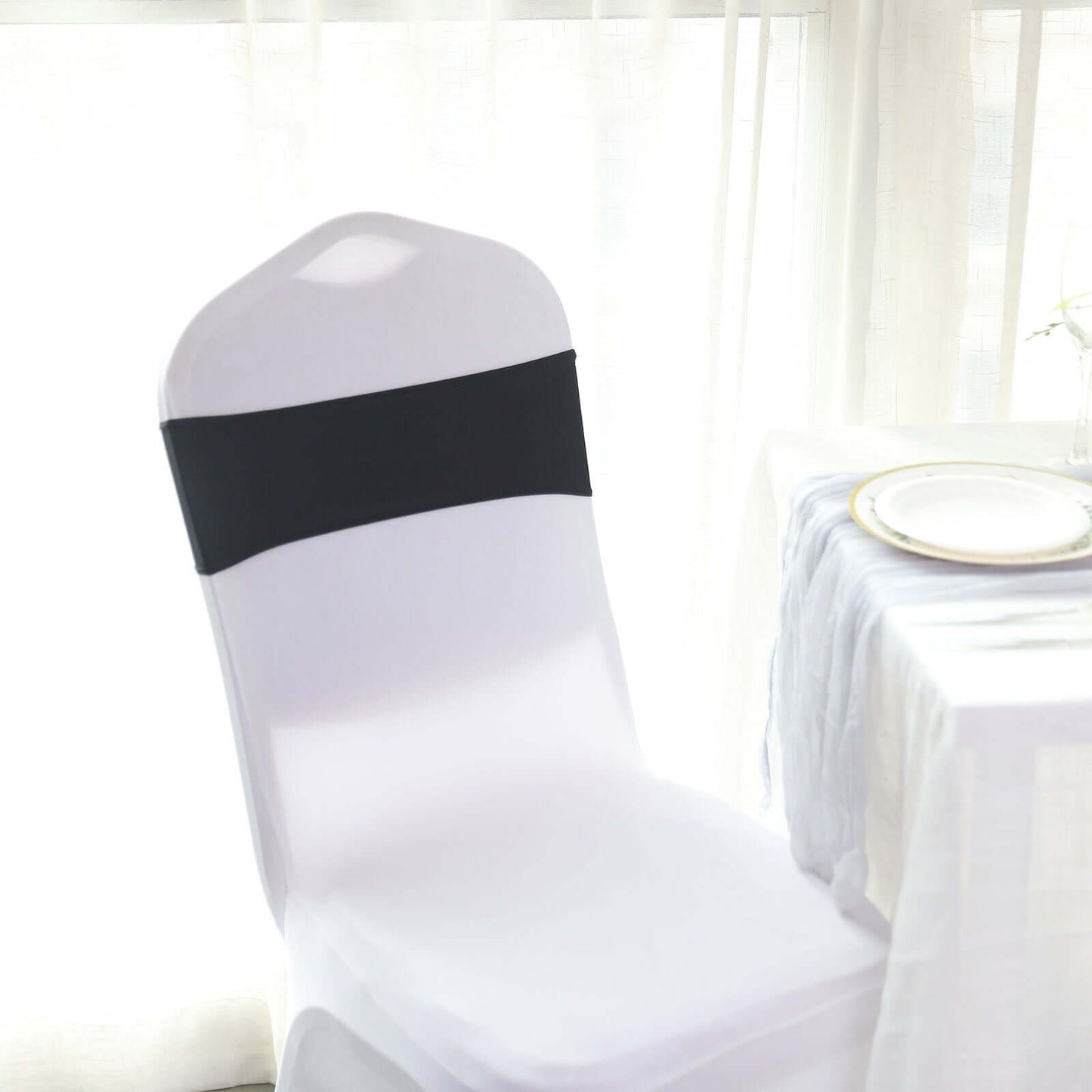 5 Pack Stretch Spandex Chair Sashes Black - Classy Reusable Chair Bands with Silver Diamond Ring Slide Buckle 5"x14"