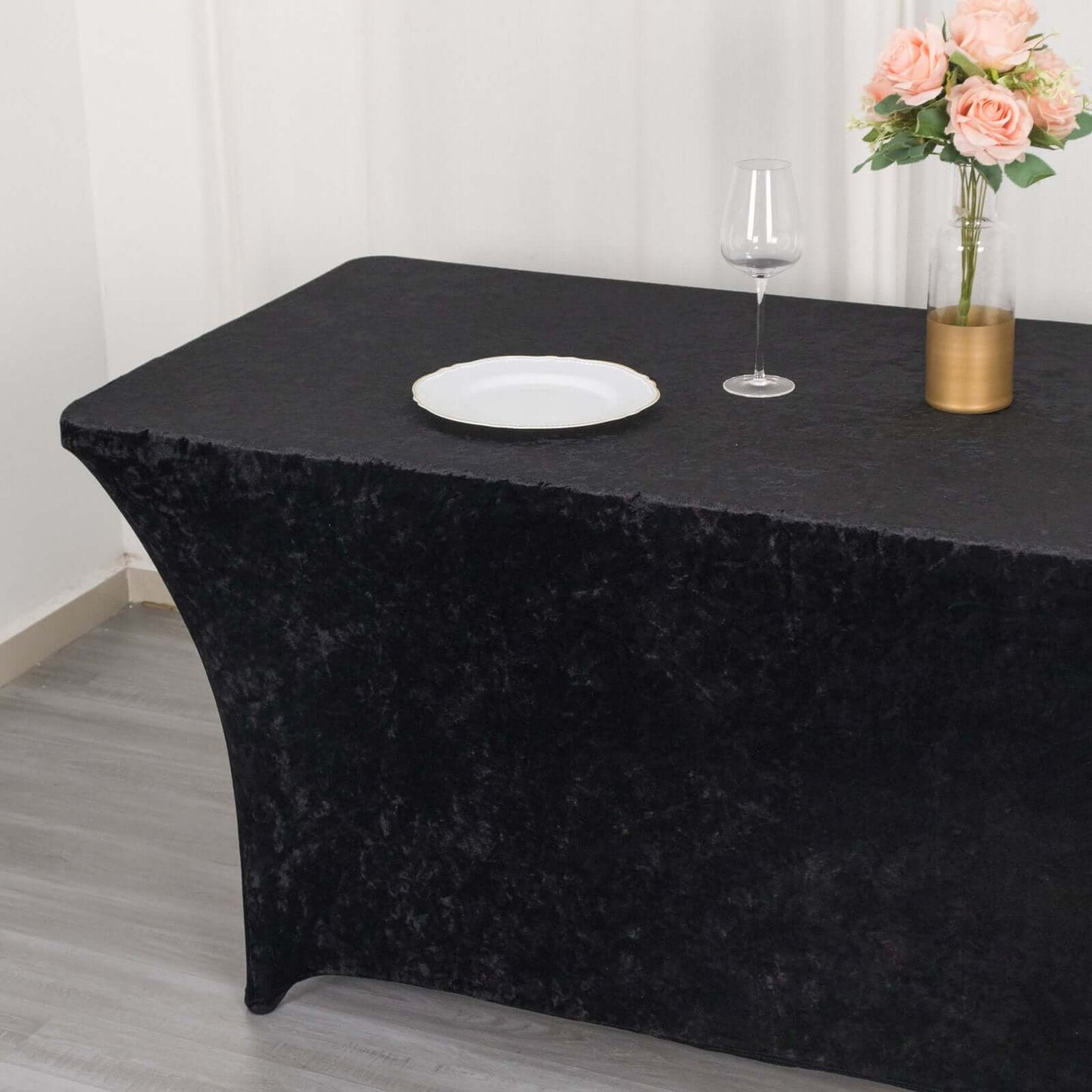 Crushed Velvet Fitted Rectangular 6ft Table Cover Black - Wrinkle-Free Stretchy Tablecloth