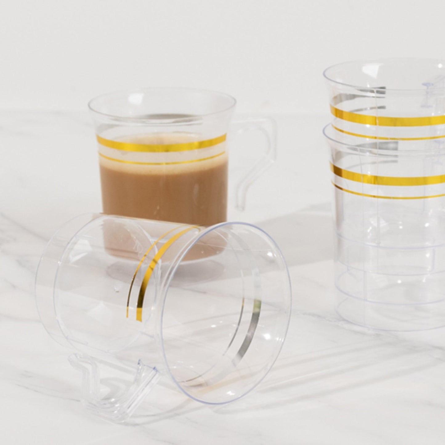 8-Pack Plastic Coffee Mugs Clear with Gold Stripes - Sturdy Disposable Cups for Coffee and Tea 8oz 3.5"