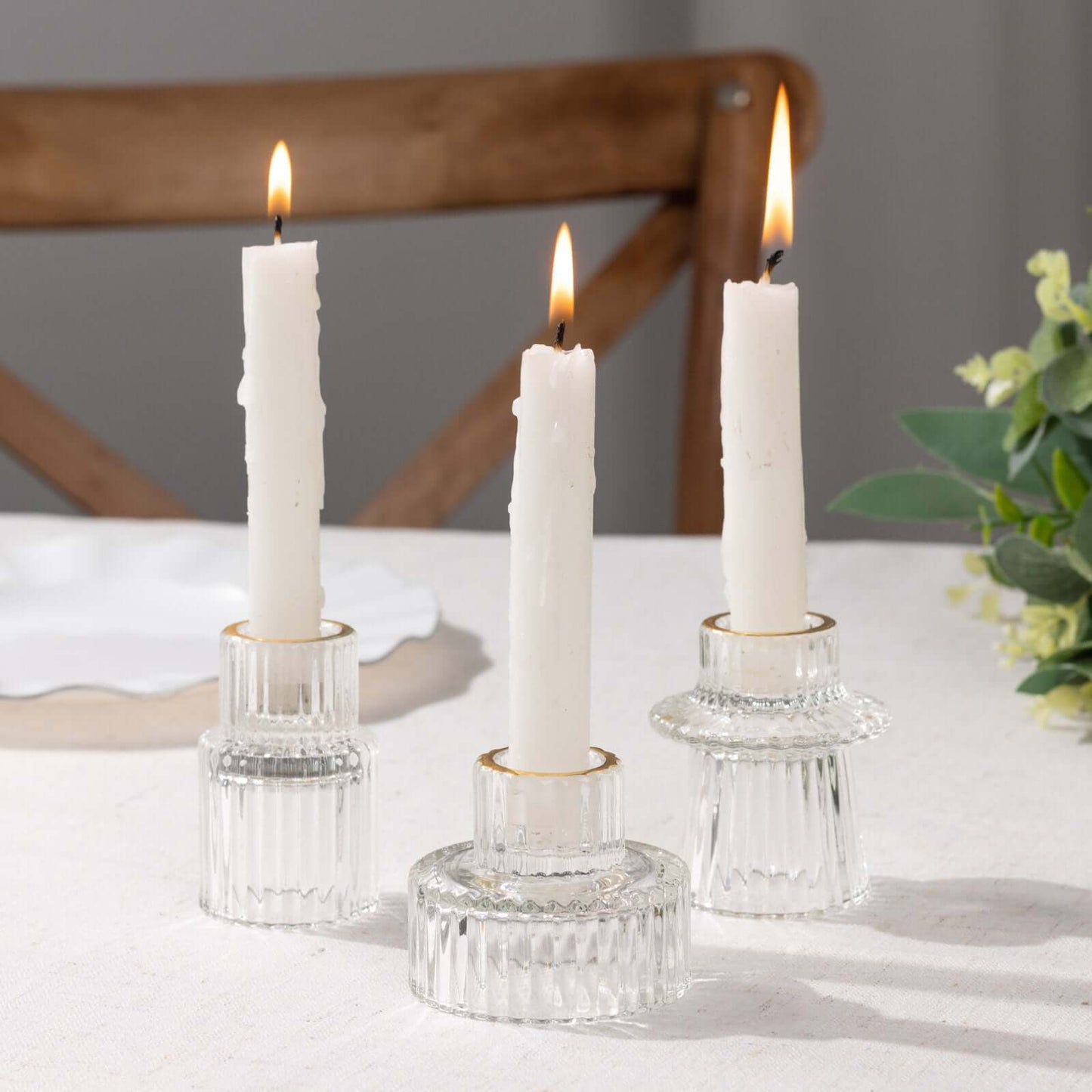 Set of 6 Glass Taper Candle Holders Ribbed Crystal Design with Gold Rim Clear - Reversible Mini Votive Tealight Stands 3"