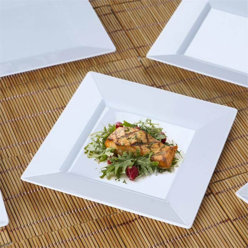 10-Pack Dessert Plates Square Design with Wide Rim Glossy White - Plastic Disposable Plates for Events 6"