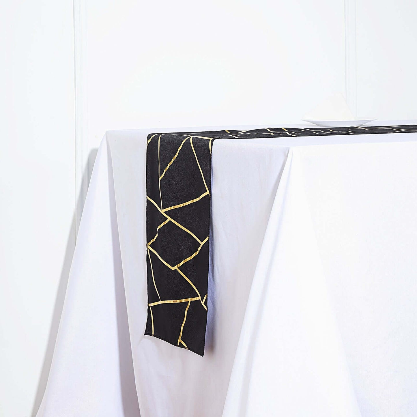 Polyester 9ft Table Runner Black with Gold Foil Modern Geometric Accent