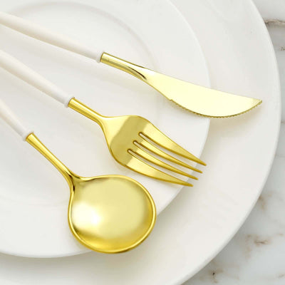 24-Pack Plastic Flatware Set in Metallic Gold with Ivory Handle - Heavy Duty Disposable Modern Silverware 8"