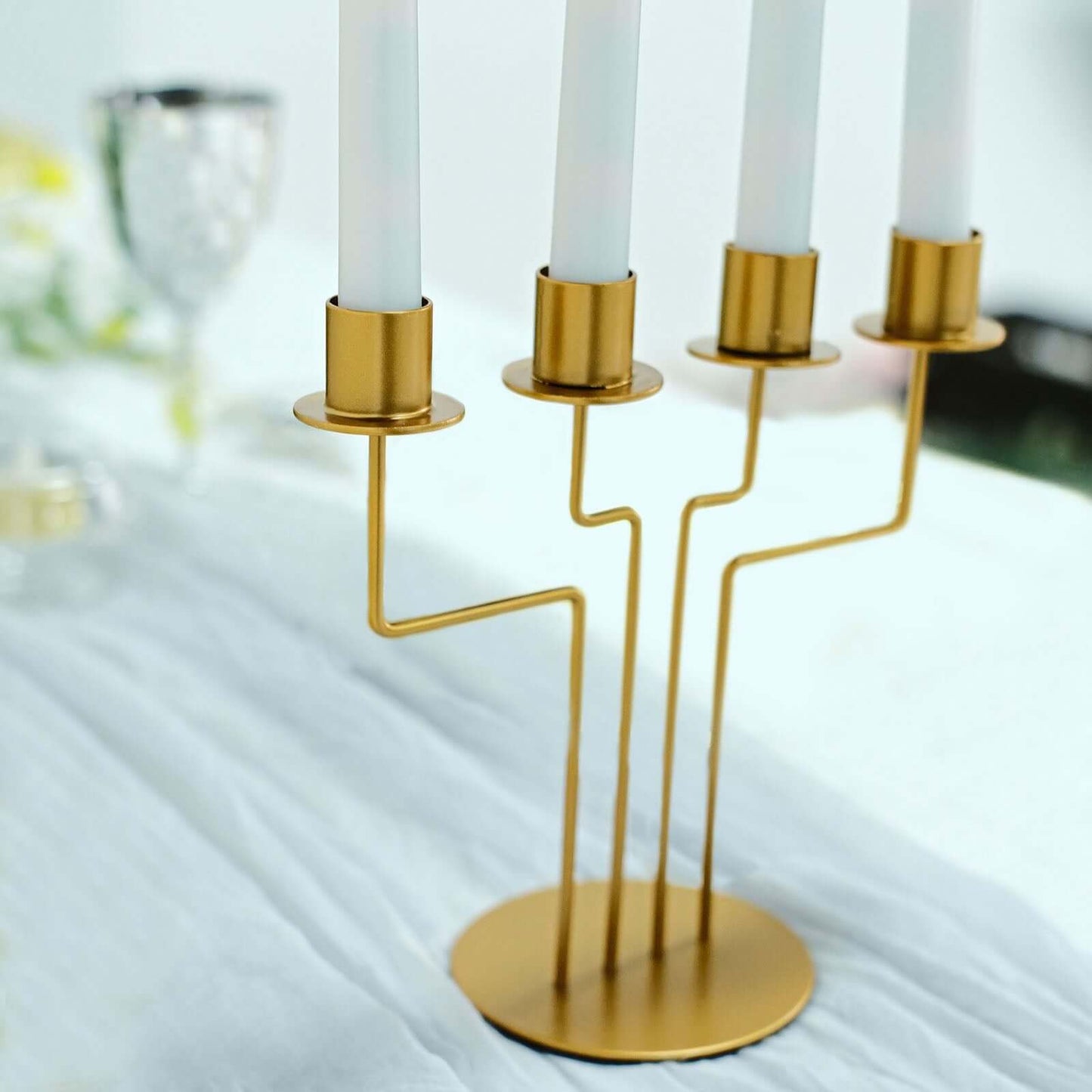 2-Pack Geometric Taper Candelabra 4 Arm Design Gold Metal Decorative Centerpiece - Perfect for Events 8"