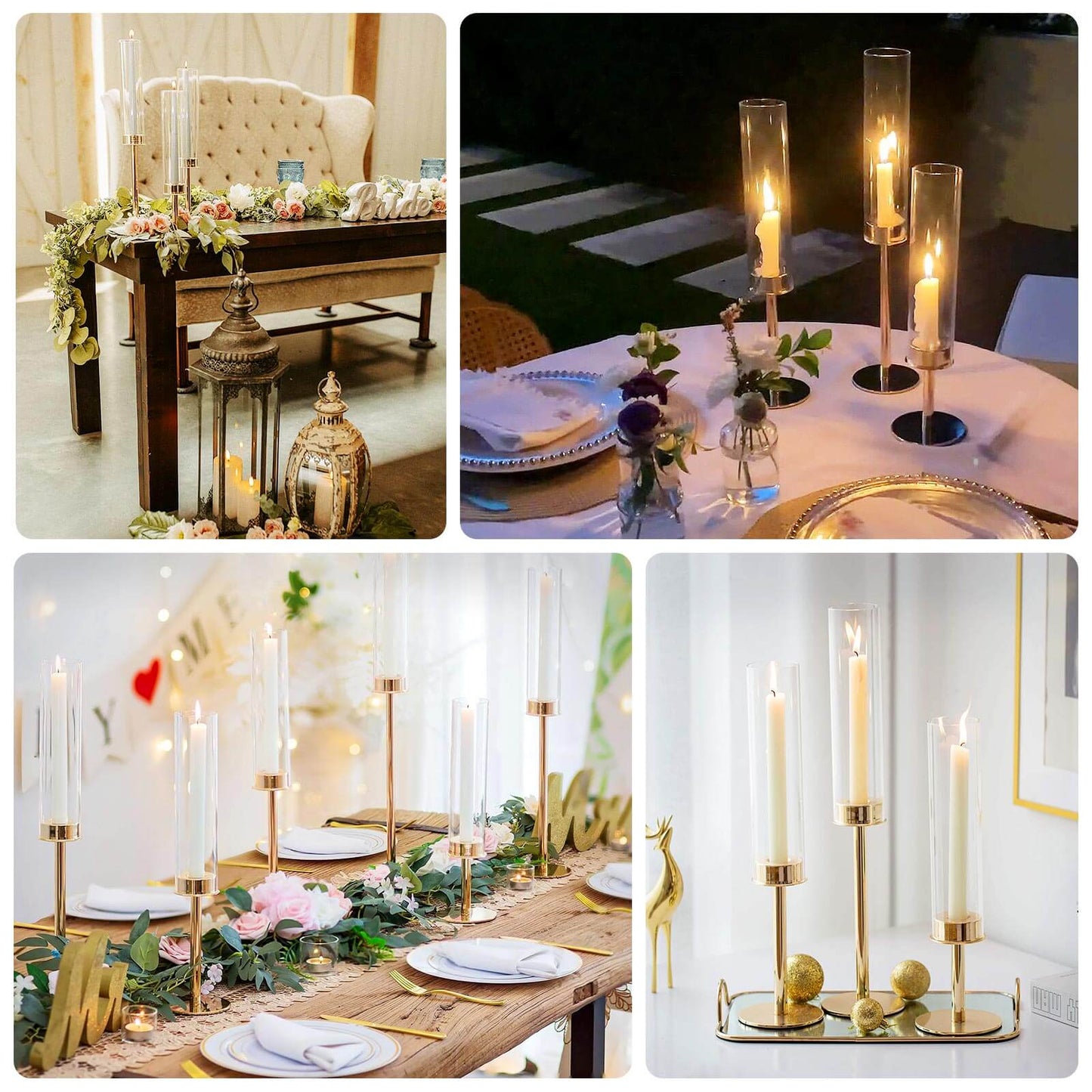 Set of 3 Metal Taper Candlestick Holders Gold with Round Base - Hurricane Candle Stands 3.5", 5.5", 8"