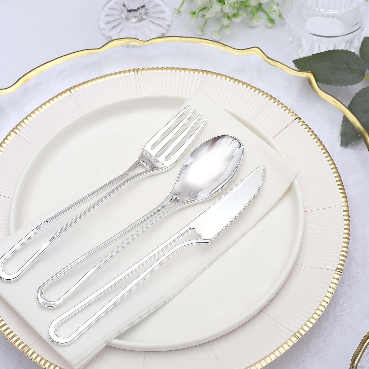 24-Pack Plastic Utensil Set with Modern Hollow Handle Design Silver - Disposable Silverware 7"