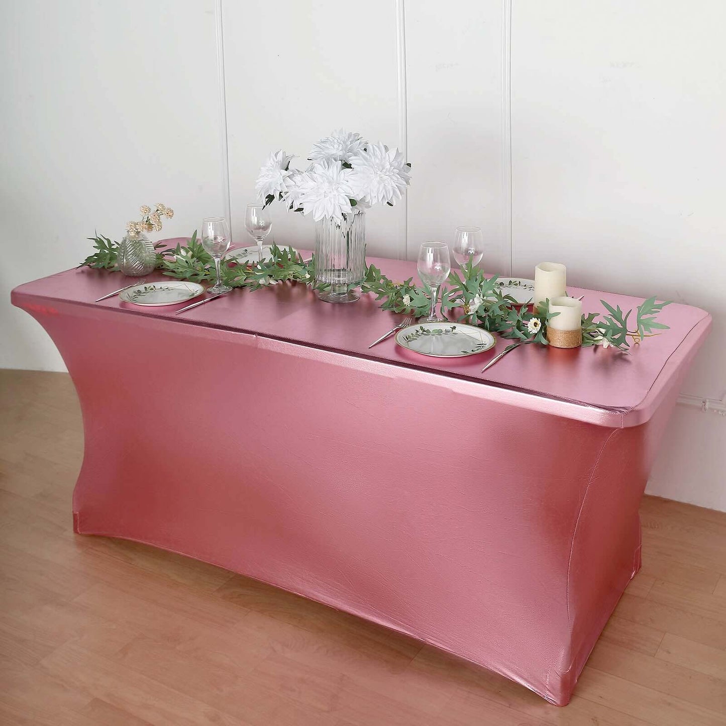 Stretch Spandex 72"x30" Rectangle Tablecloth Metallic Rose Gold - Form-Fitting Table Cover