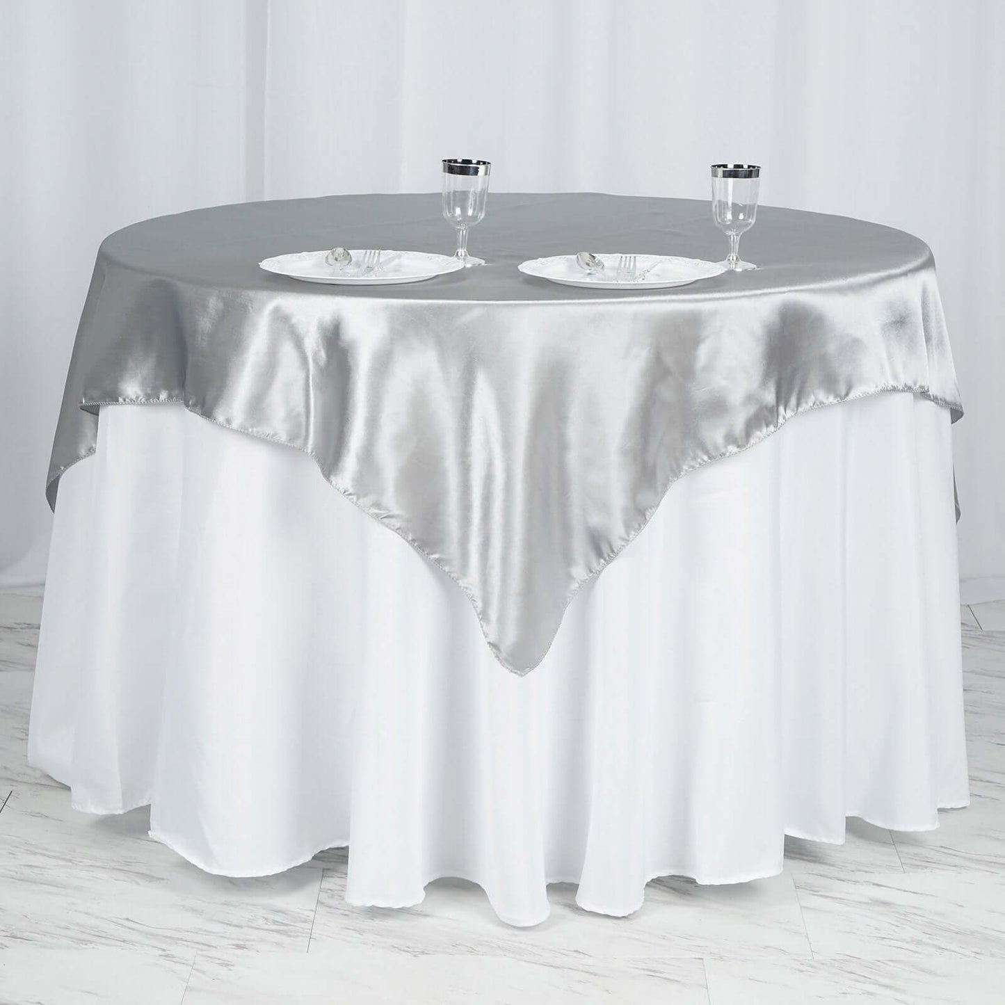 Satin 60"x60" Table Overlay Square Tablecloth Silver - Smooth Silky Touch Table Cover