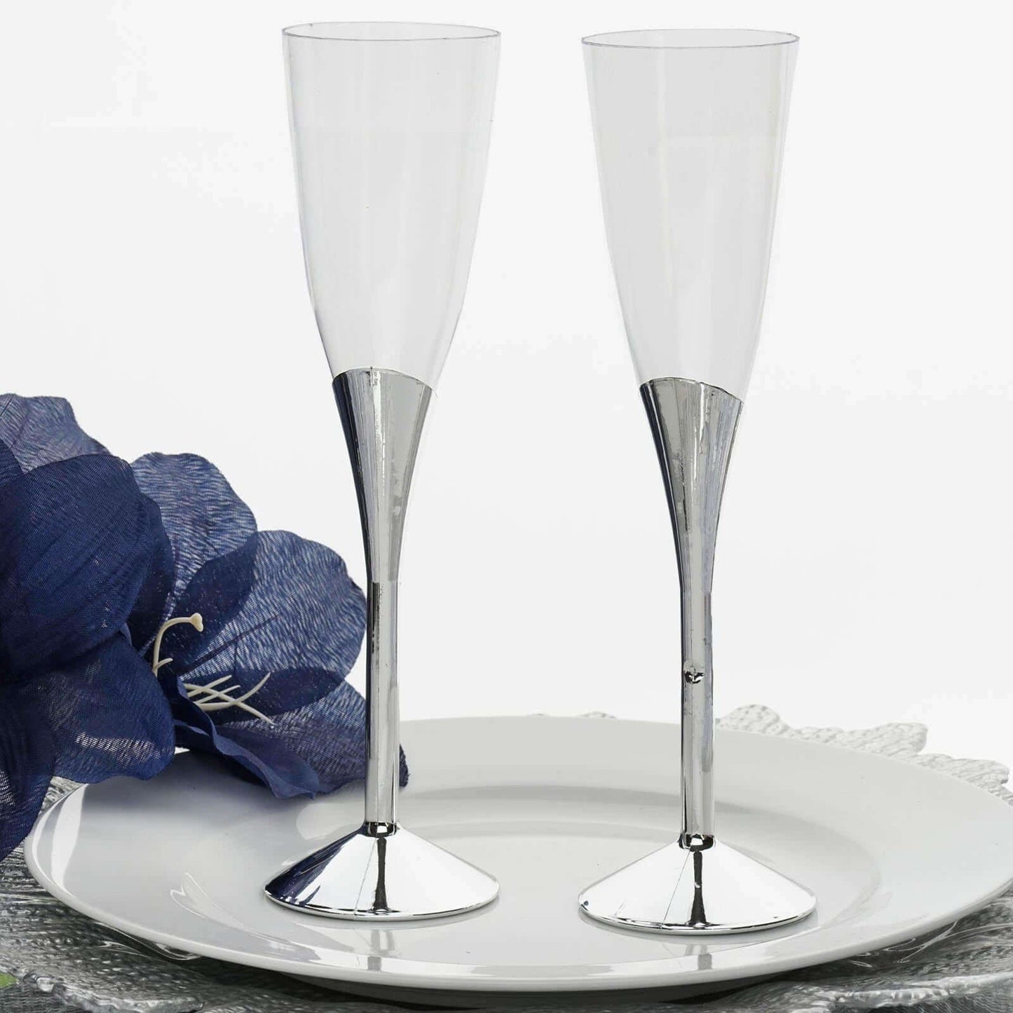 6-Pack Plastic Champagne Flutes Clear/Silver - Stylish Disposable Glasses for Toasts 5oz