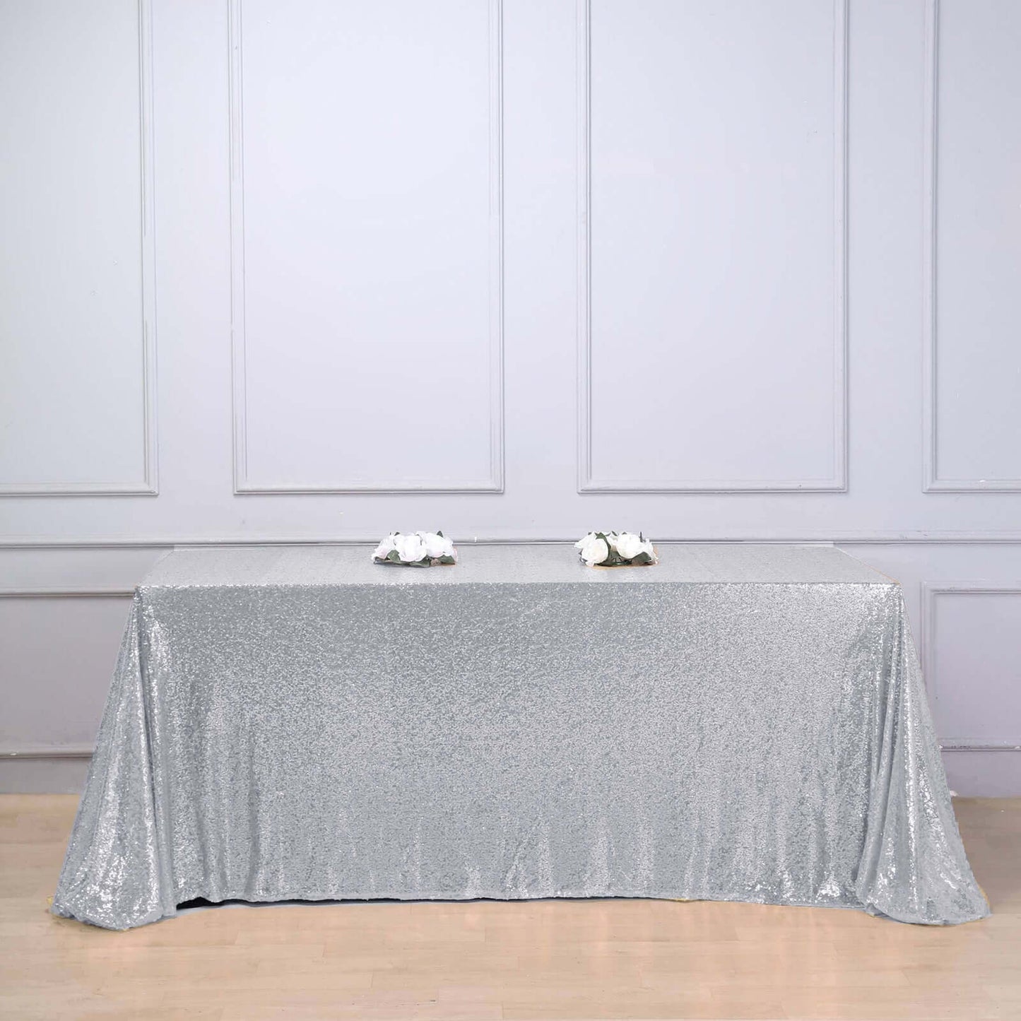 Sequin 90"x156" Rectangle Tablecloth Silver - Seamless Twinkling Table Cover