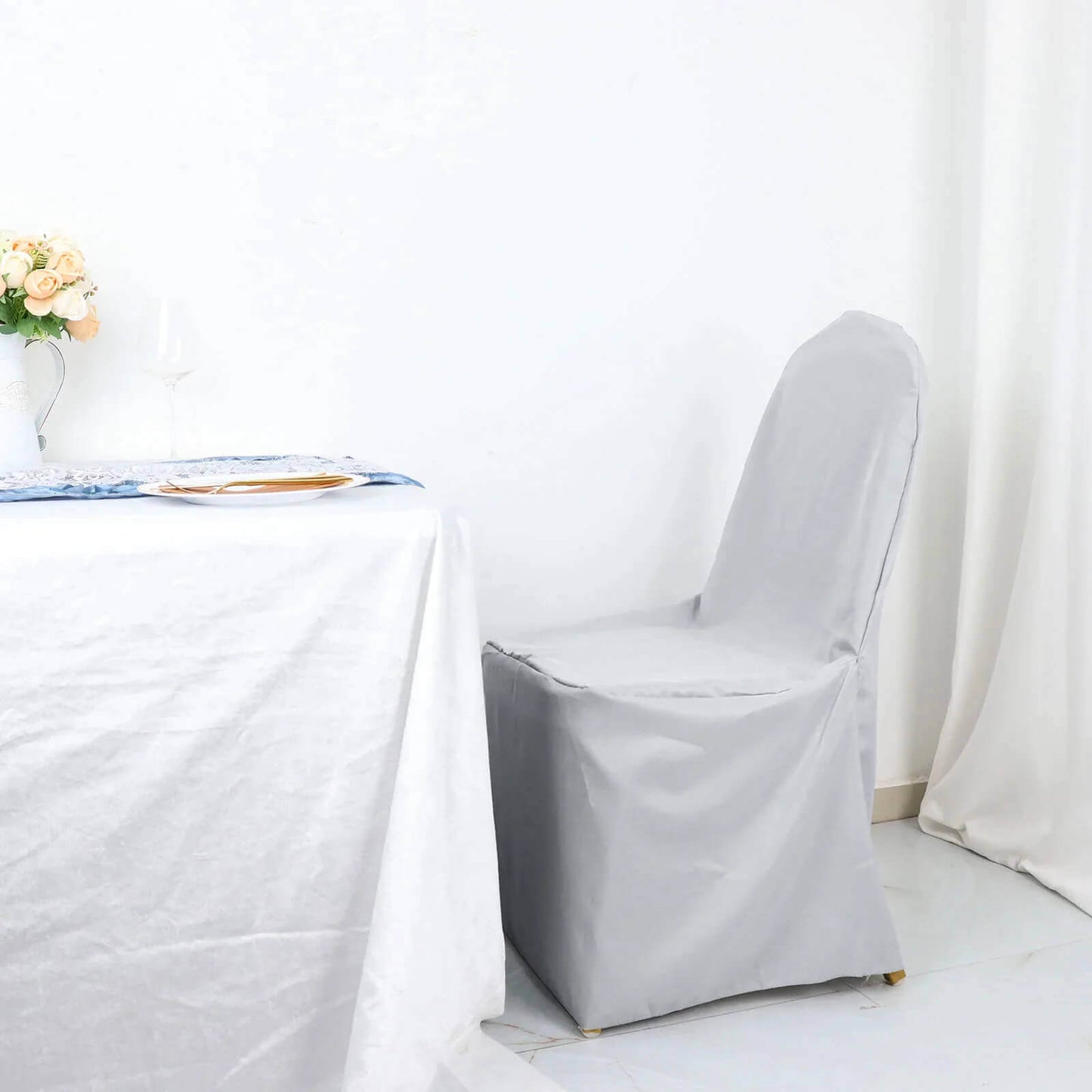 10 Pack Polyester Chair Cover for Banquet Chairs Silver - Stain-Resistant Reusable Slip-On Slipcover