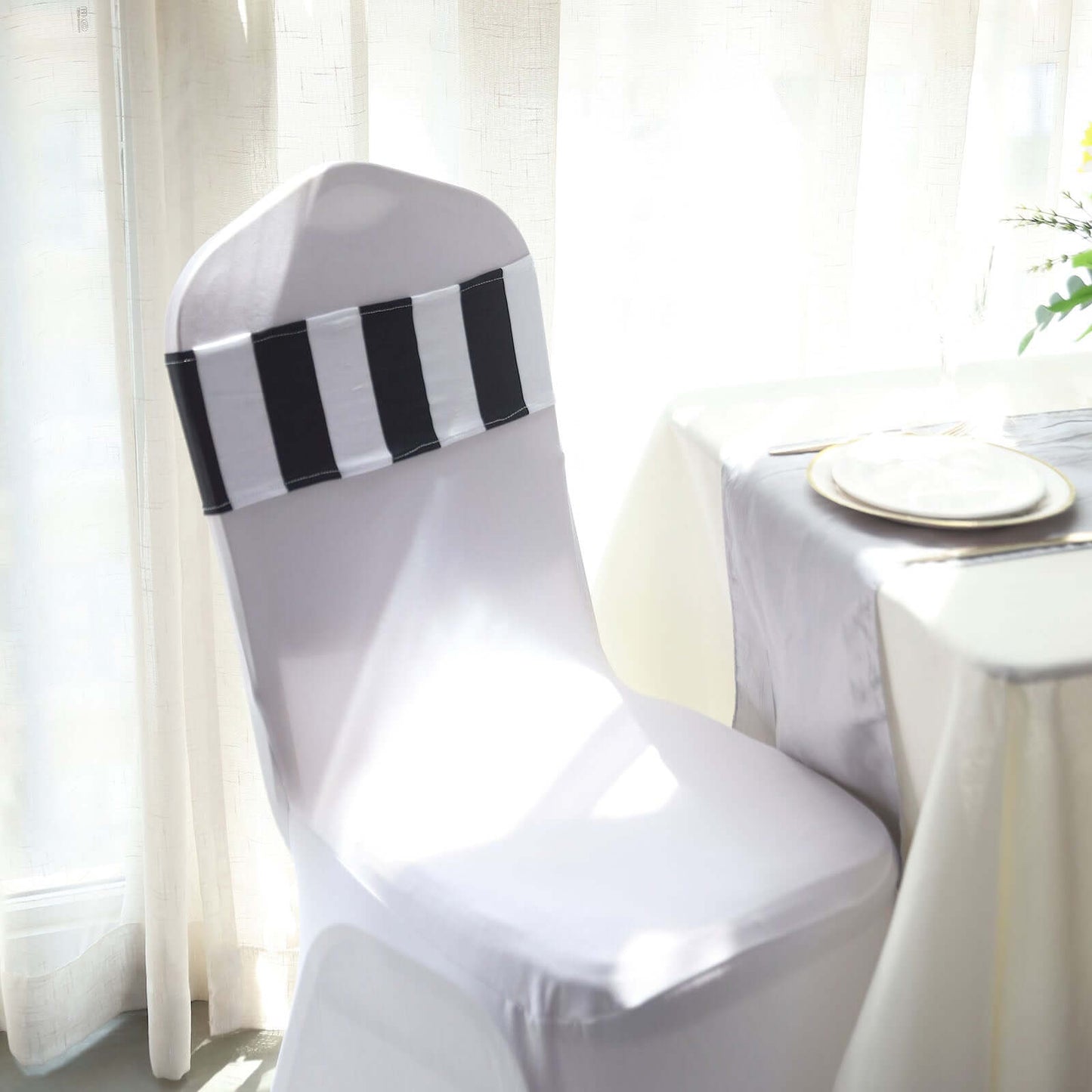 5 Pack Spandex Chair Sashes Black/White Vertical Stripes - Easy to Use & Wrinkle-Free Stretch Chair Bands for Stunning Tablescapes 5"x14"