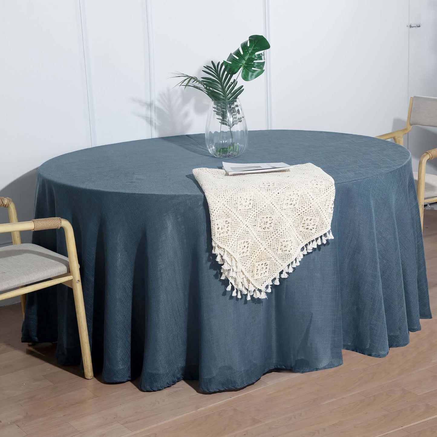 Faux Linen 120" Round Tablecloth Blue - Slubby Texture Wrinkle-Resistant Seamless Table Cover