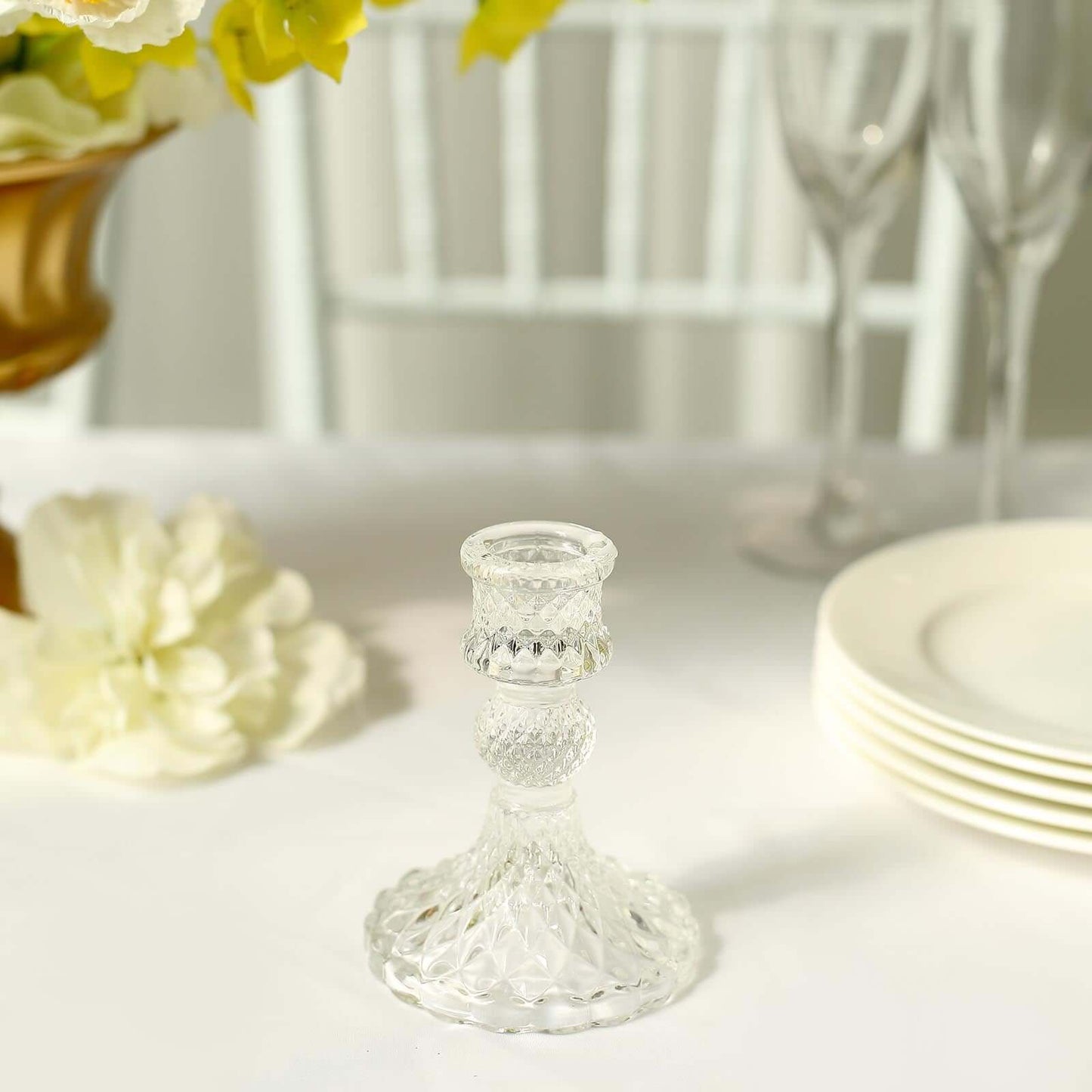 6-Pack Glass Taper Candlestick Holders Diamond Pattern Design Clear - Reversible Crystal Pillar Votive Stands 4"