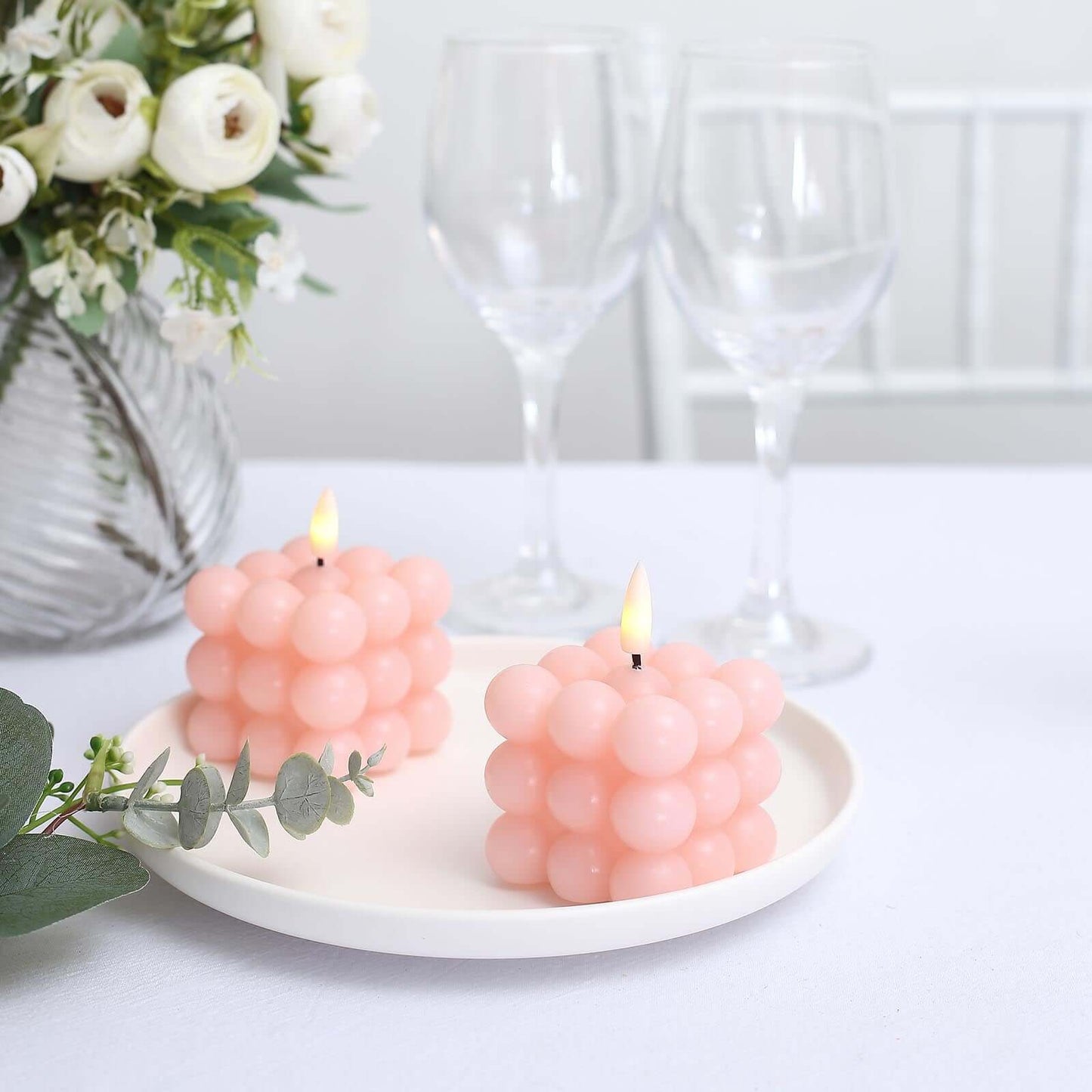 2-Pack LED Flameless Cube Candles Flickering Warm White Blush - Battery Operated Bubble Design 2"