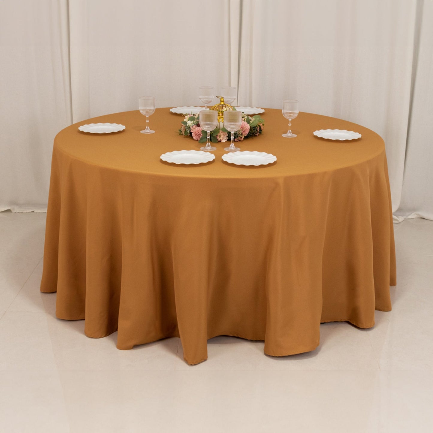 Premium Polyester 120" Round Tablecloth Gold - Seamless 220GSM Wrinkle-Resistant Design for Classy Events
