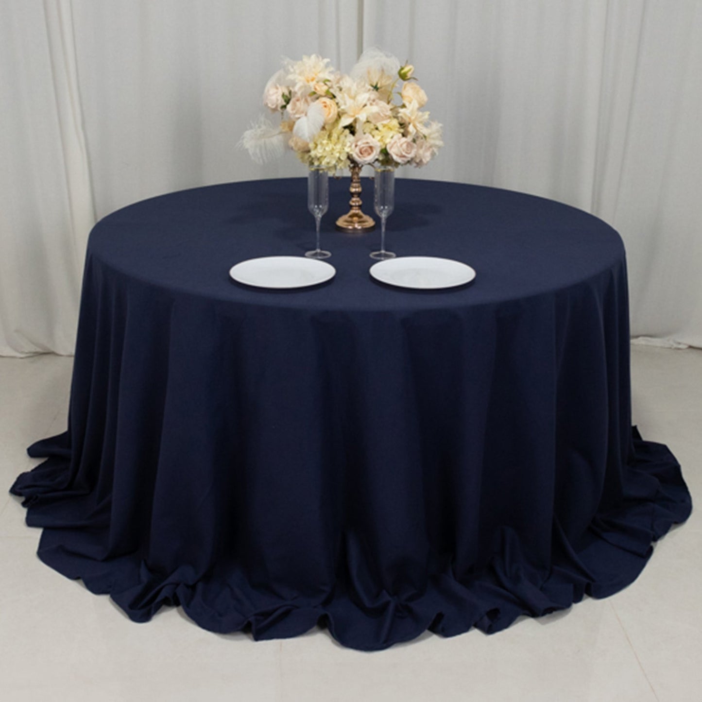 Cotton Blend 132" Round Tablecloth Navy Blue - Seamless Wrinkle-Resistant Table Cover