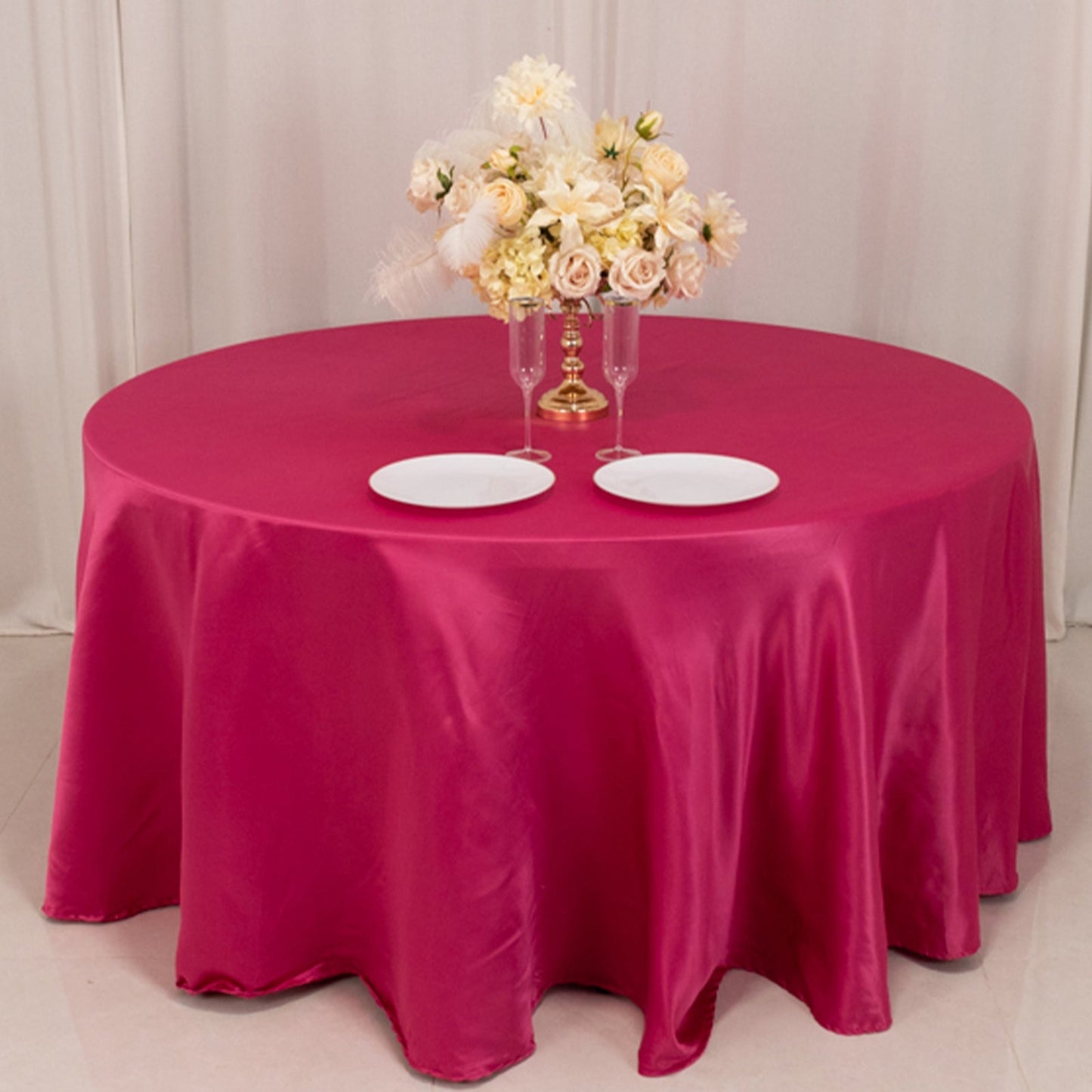 Lamour Satin 120" Round Tablecloth Fuchsia - Seamless Table Cover with Soft Tempered Sheen