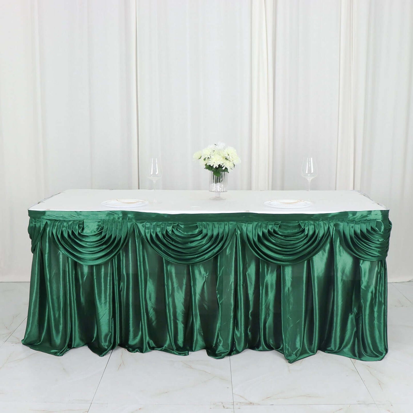 Satin 14ft Table Skirt Hunter Emerald Green - Pleated Double Drape Table Cover