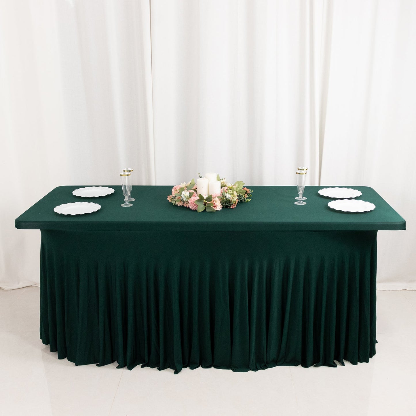 Spandex Rectangle 72"x30" Table Skirt Hunter Emerald Green with Wavy Skirt-Like Effect Table Cover
