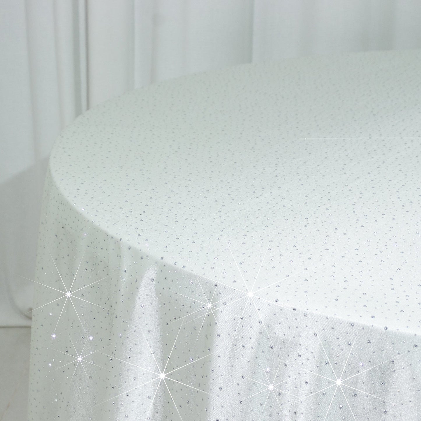 Scuba Round Tablecloth 132â€³ Pearl White with Rhinestone Accents â€“ Seamless, Wrinkle-Free, Stain-Resistant Event Linen