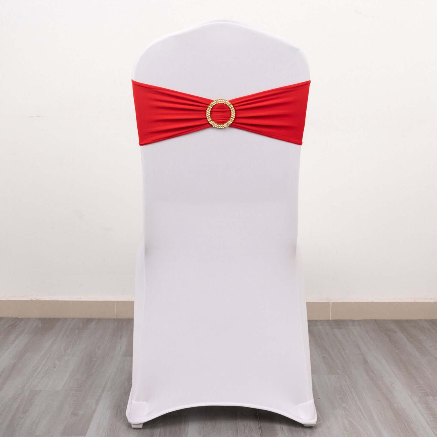 5 Pack Spandex Chair Sashes Red with Gold Rhinestone Buckles - Reusable Four-Way Stretch Sash Bands 5"x14"