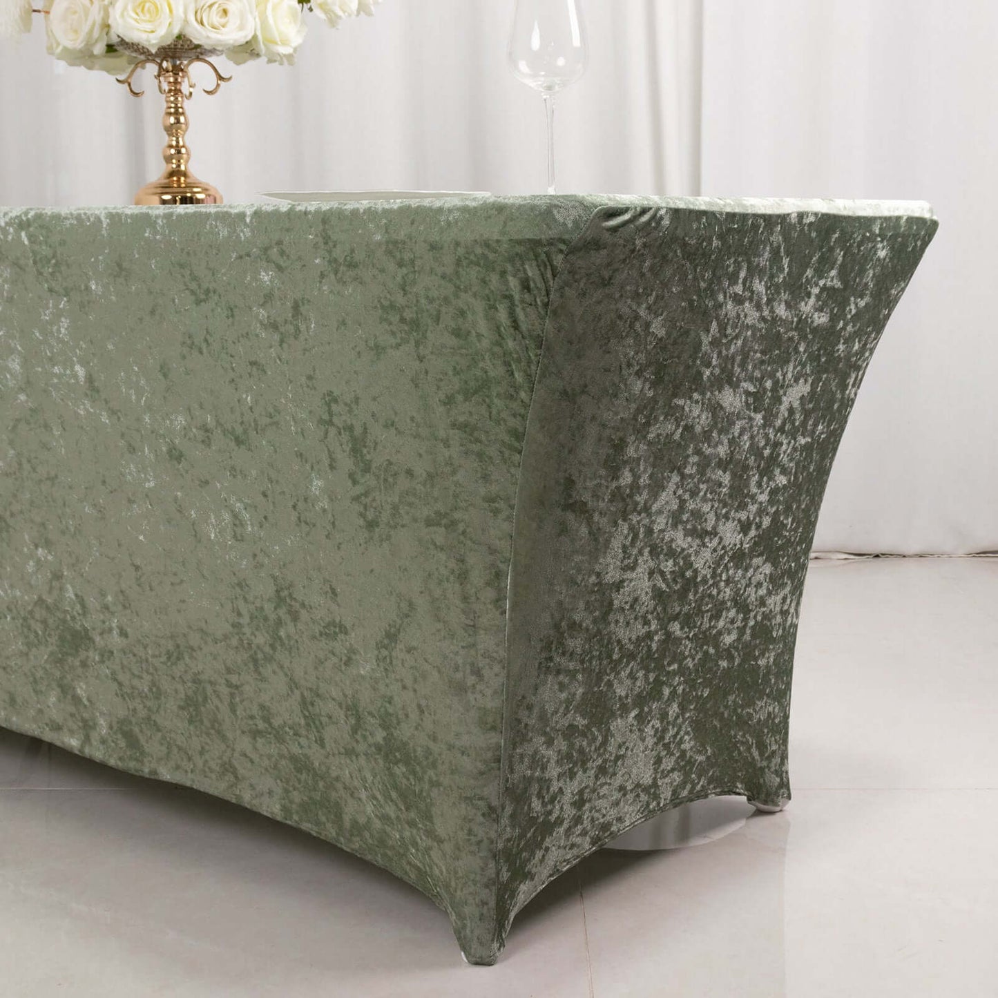Crushed Velvet Fitted Rectangular 6ft Table Cover Sage Green - Wrinkle-Free Stretchy Tablecloth