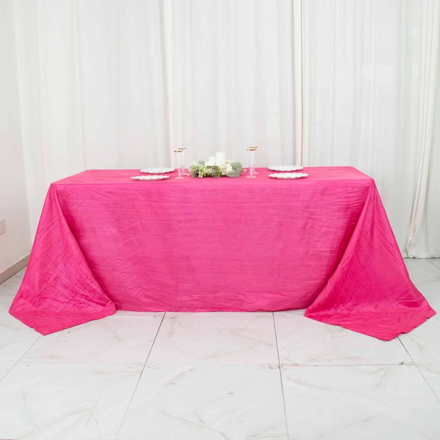 Taffeta 90"x132" Rectangle Tablecloth Fuchsia - Seamless Accordion Crinkle Table Cover