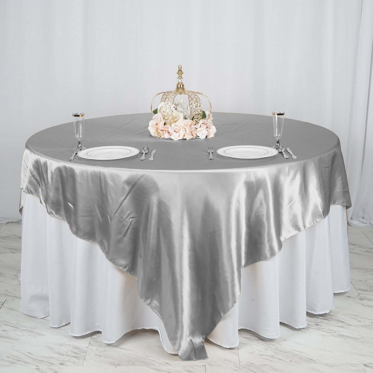 Satin 90"x90" Table Overlay Square Tablecloth Silver - Smooth Finish Table Topper