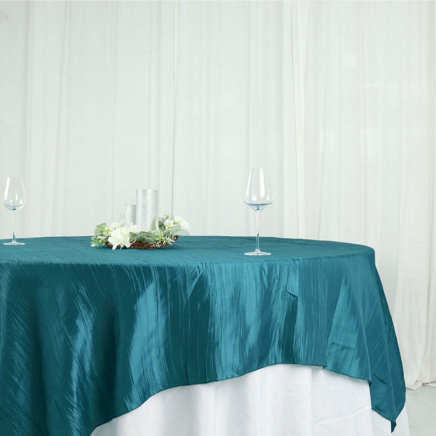 Taffeta 90"x90" Table Overlay Square Tablecloth Peacock Teal - Accordion Crinkle Table Cover
