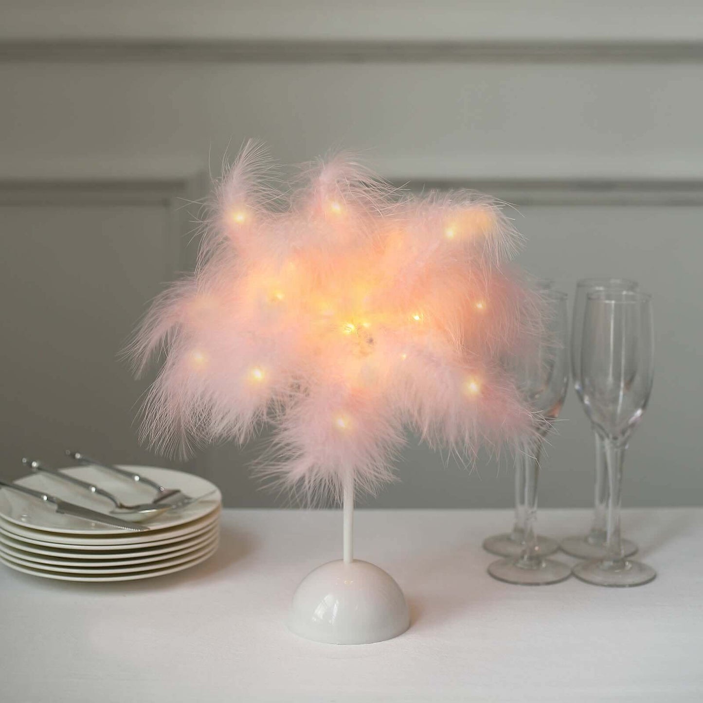 Table Lamp Feather Design Blush LED Battery Operated - Cordless Wedding Centerpiece 15"
