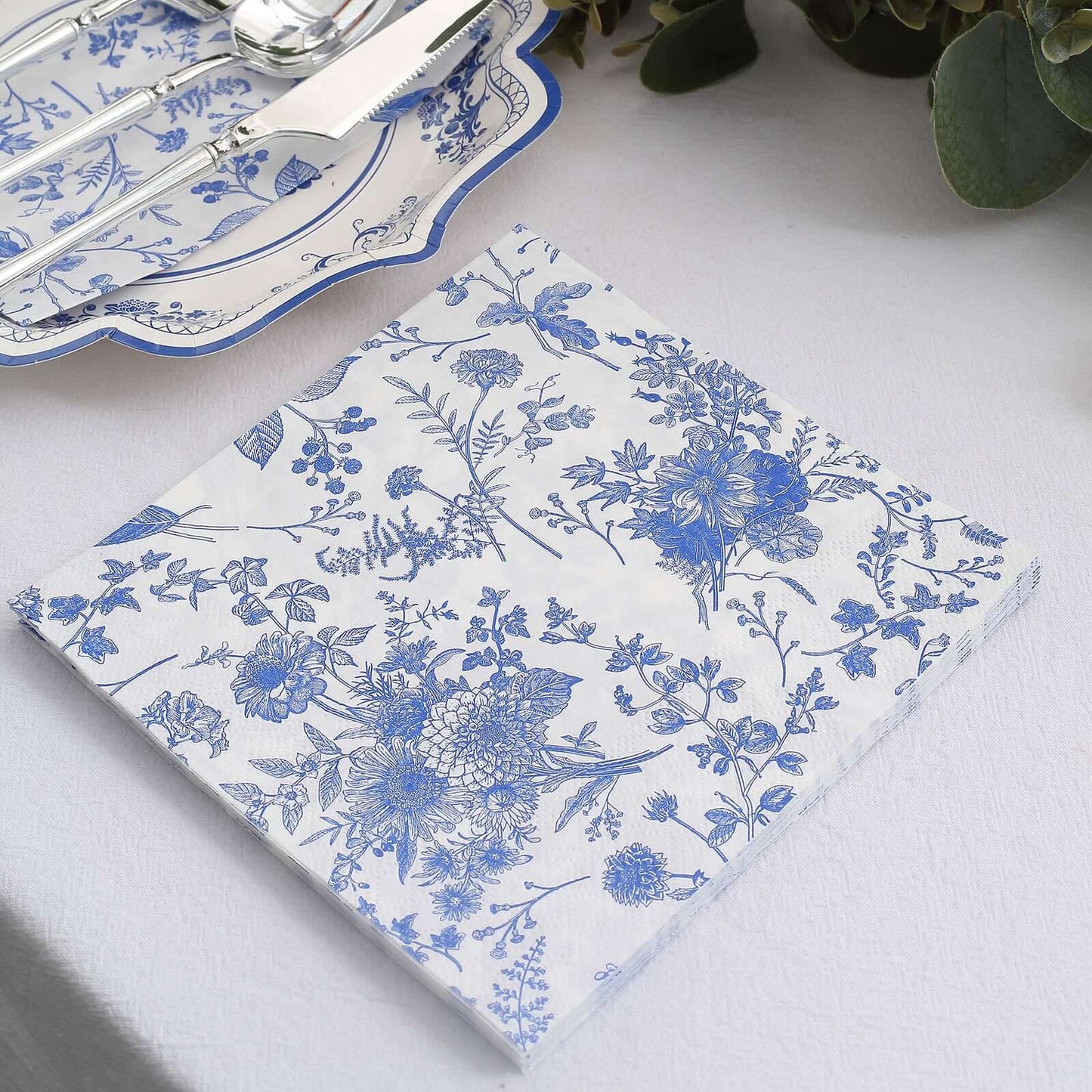 20-Pack Paper Cocktail Napkins with French Toile Print White/Blue - Disposable 2 Ply Beverage Napkins for Events 6.5"x6.5"