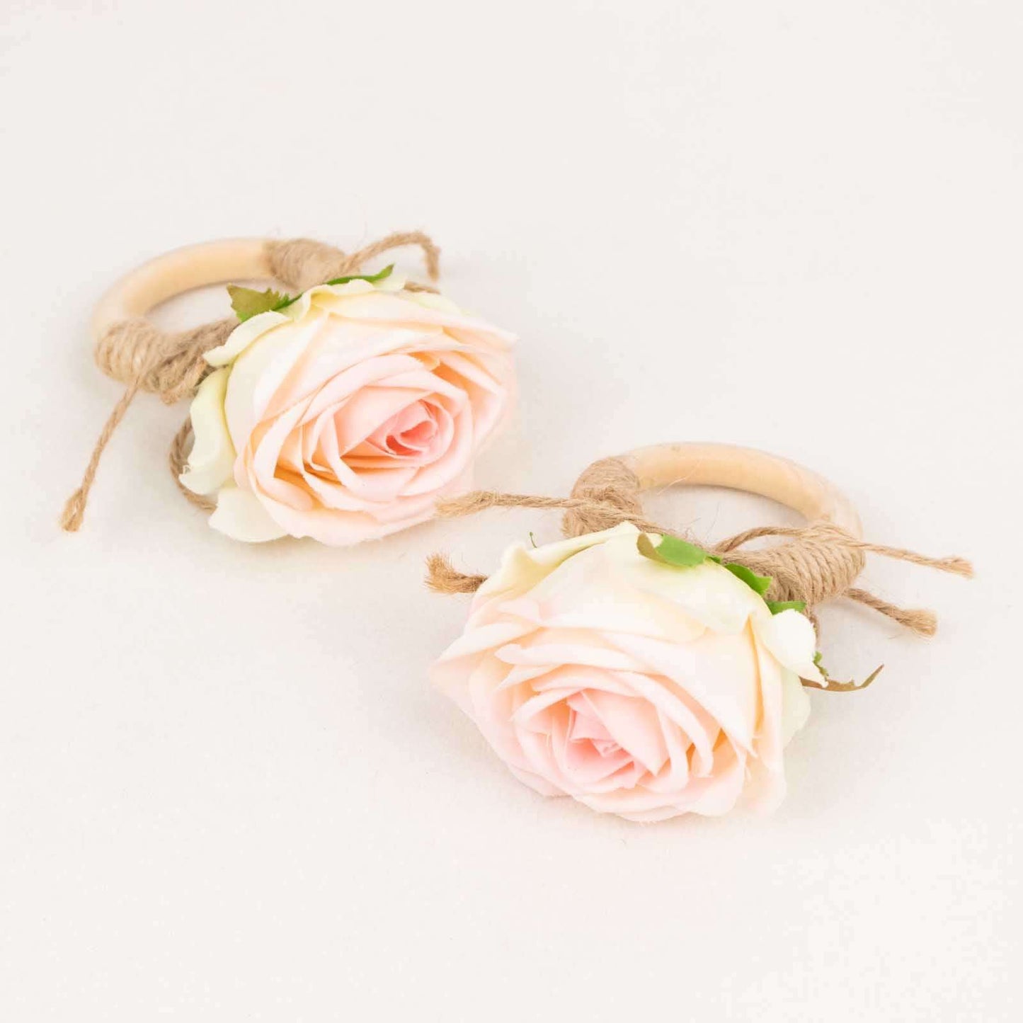 4 Pack Blush Artificial Rose Flower Wooden Napkin Holders, Farmhouse Country Floral Napkin Rings - 4"