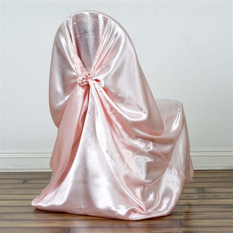 Satin Chair Cover Self-Tie Universal Design Blush - Durable Slip-On Cover for Folding, Dining, Banquet & Standard Chairs