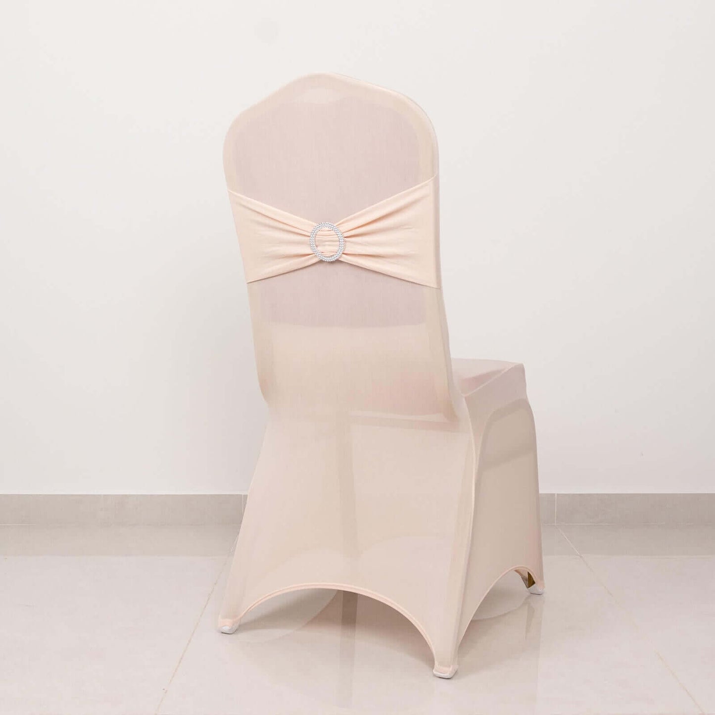Spandex Chair Cover with Silver Rhinestone Buckled Sash Band Blush - Stretch Fitted Slipcover