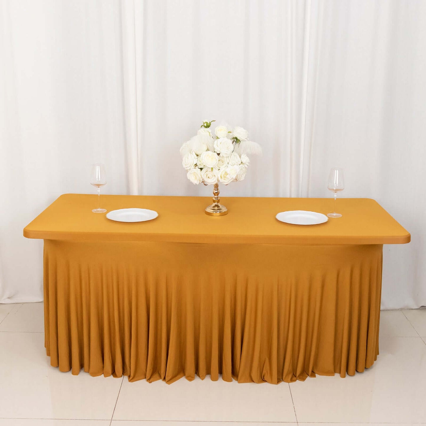 Spandex Rectangle 72"x30" Table Skirt Gold with Wavy Skirt-Like Effect Stylish Table Cover for Weddings, Banquets & Trade Shows