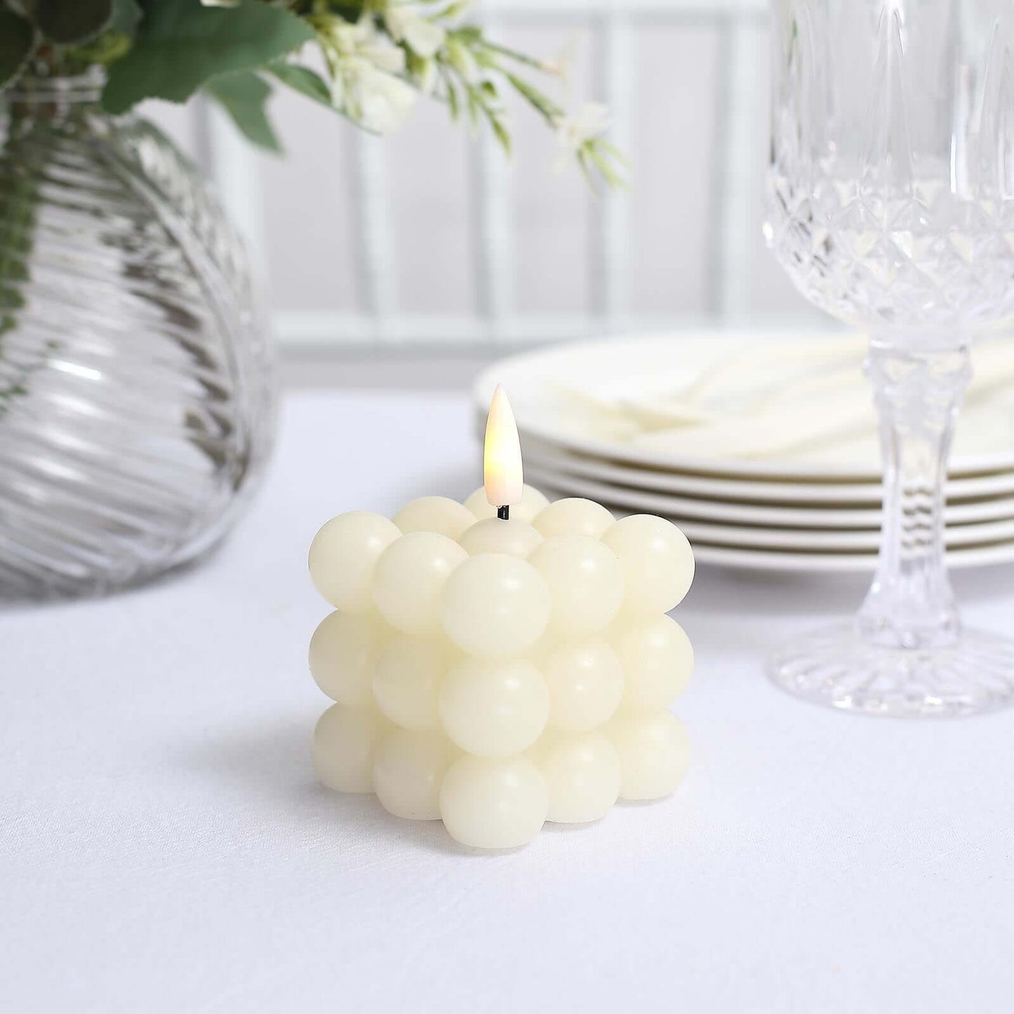 2-Pack LED Flameless Cube Candles Flickering Warm White Ivory - Battery Operated Bubble Design 2"