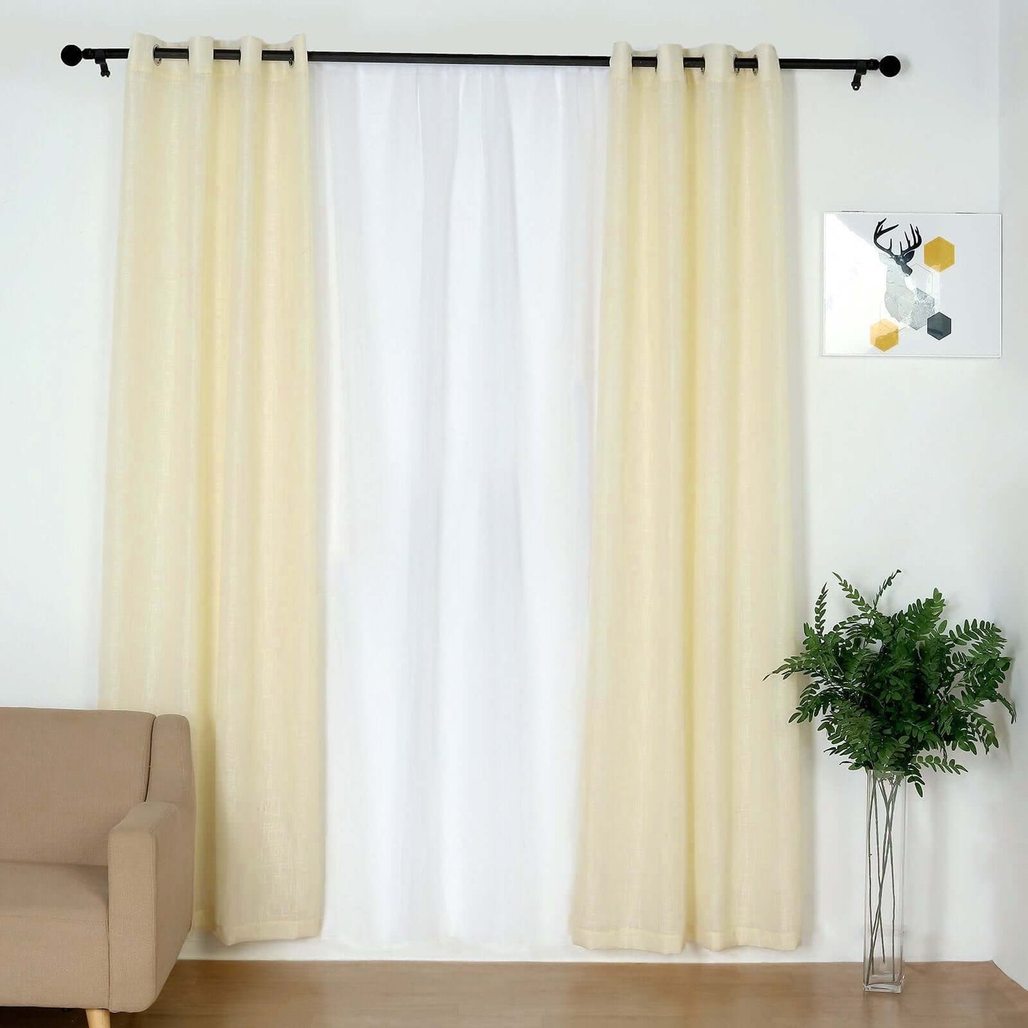 2 Pack Handmade Ivory Faux Linen Curtains 52"x96", Curtain Panels With Chrome Grommets