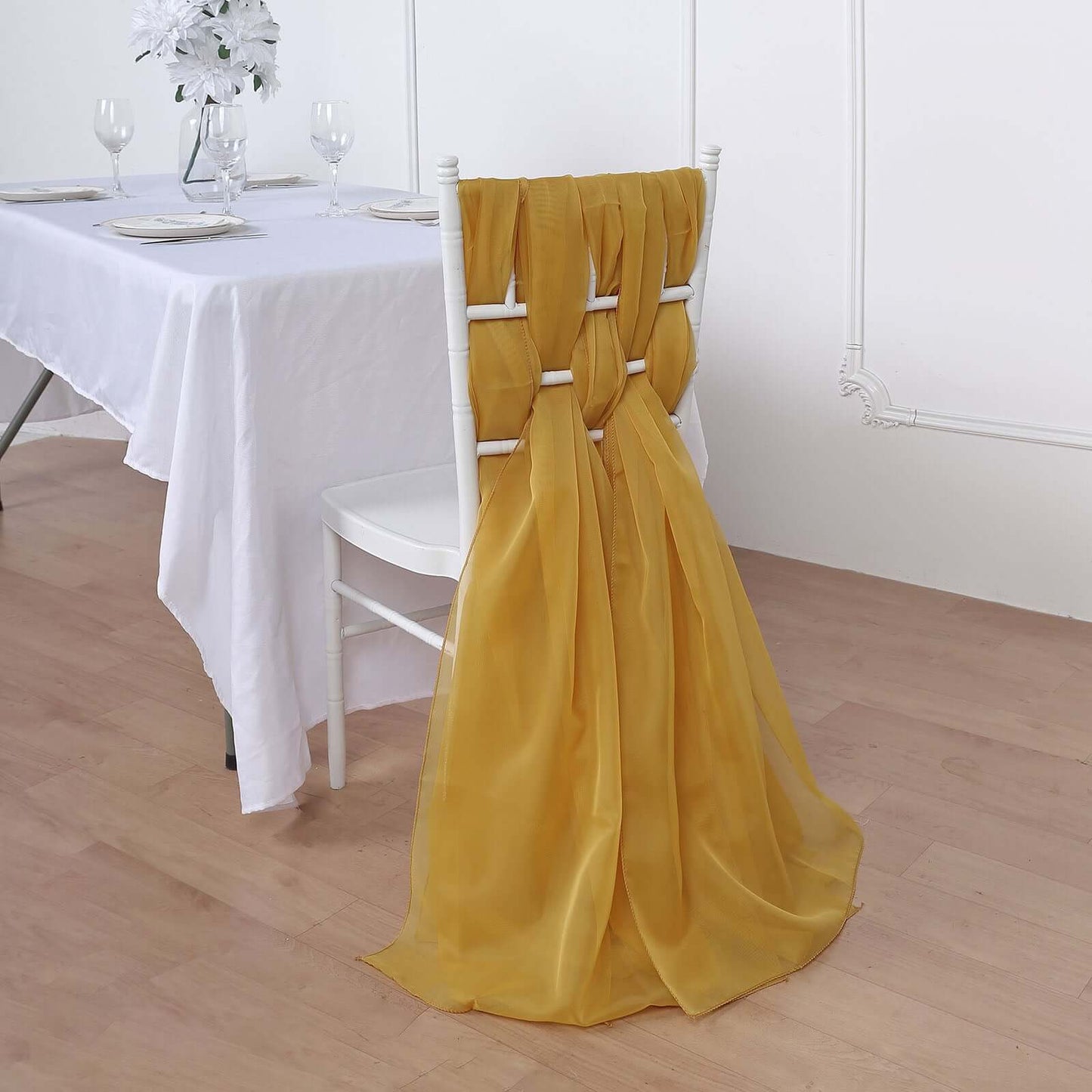 5 Pack Chiffon Chair Sashes Mustard Yellow - Soft & Lightweight Designer Chair Bows 22"x78"