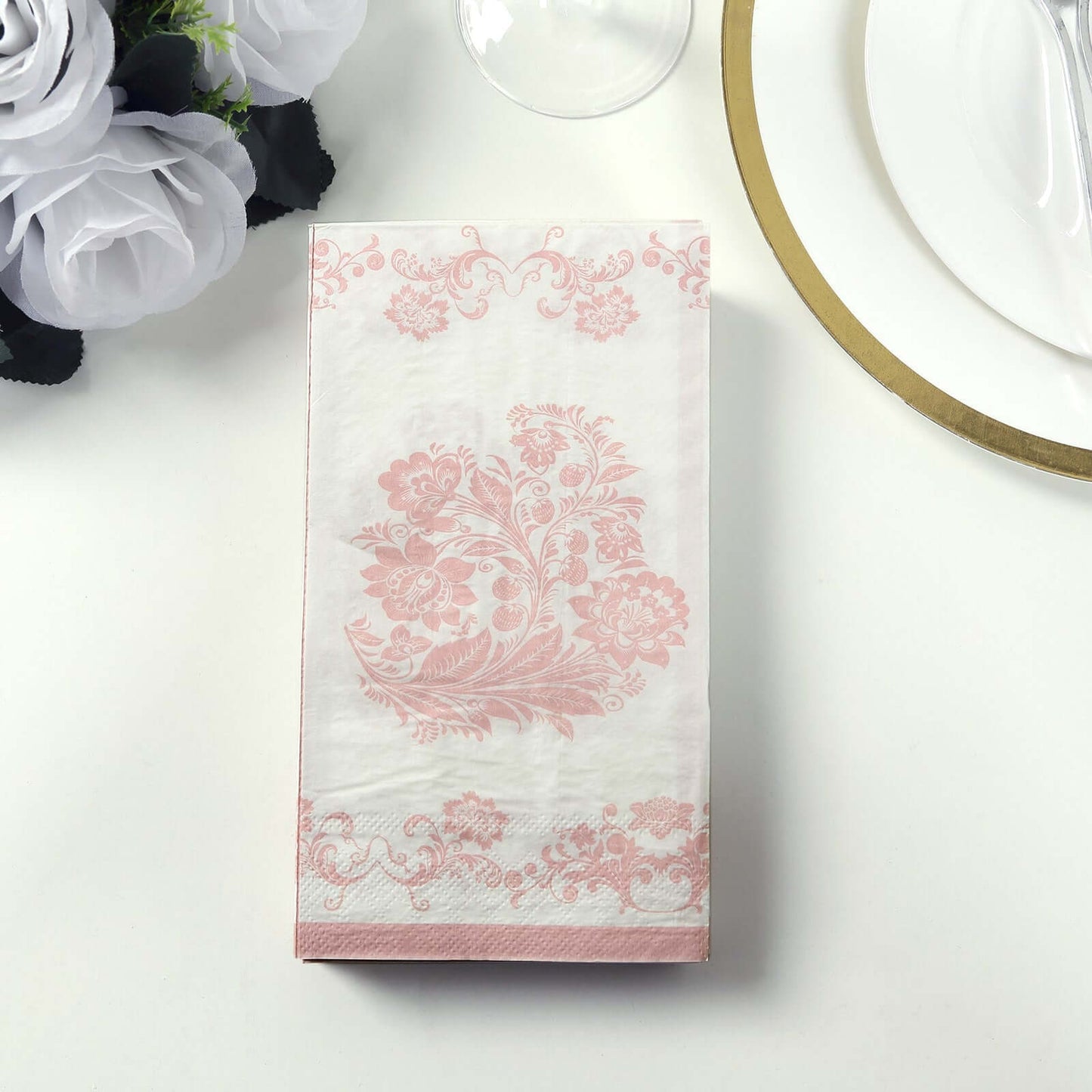 50-Pack Paper Dinner Napkins White with Pink Damask Floral Pattern 2-Ply - Stylish Disposable Napkins for Parties