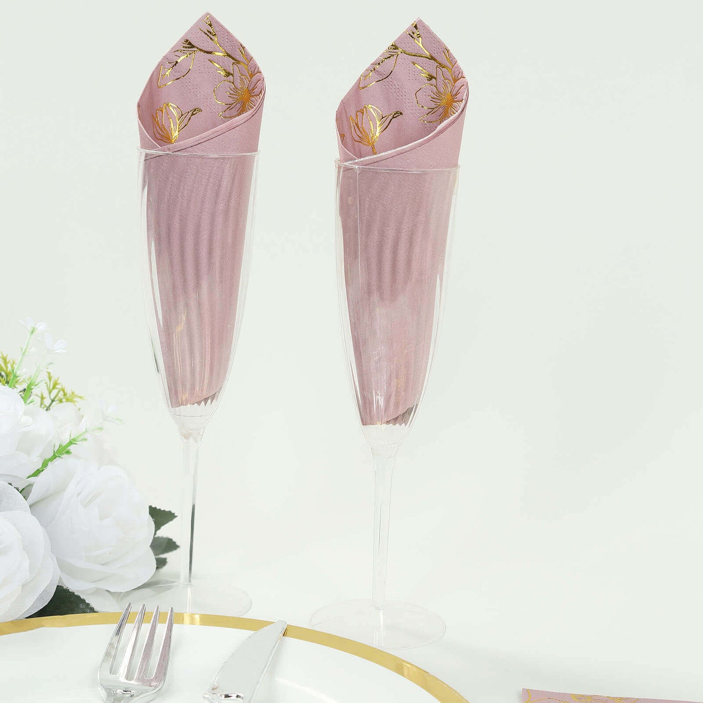 50-Pack Paper Dinner Napkins Dusty Rose with Gold Magnolia Flowers Print 2-Ply - Disposable Soft Napkins for Parties