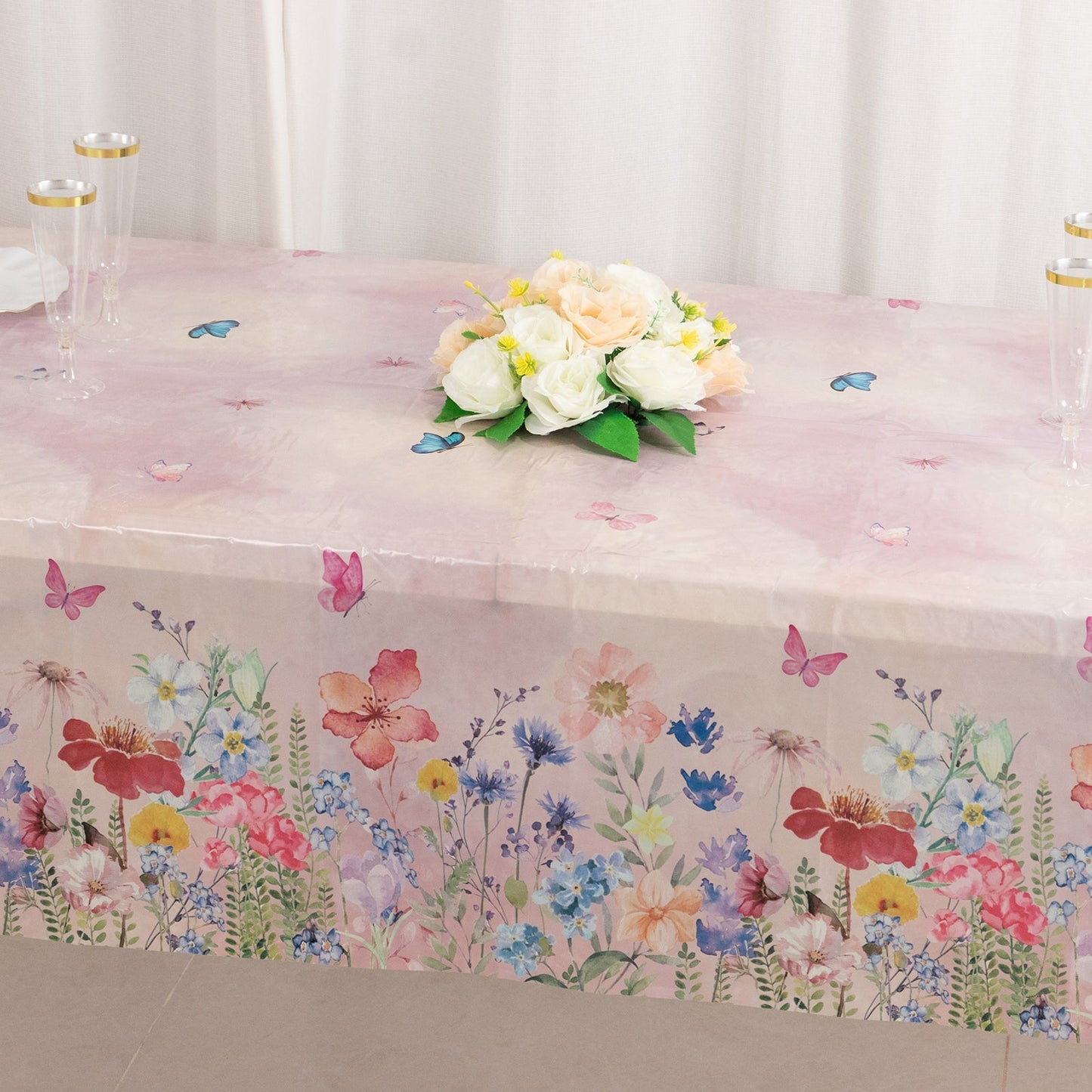 5-Pack Plastic Table Covers Blush Rectangle with Butterfly Floral Print - Decorative PVC Disposable Covers 54"x108"