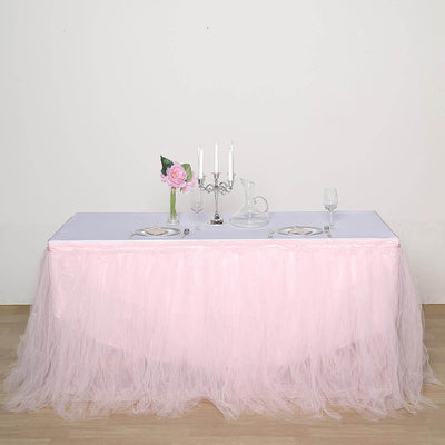 Tulle 17ft Table Skirt Blush - 4 Layer Pleated Tutu Table Cover