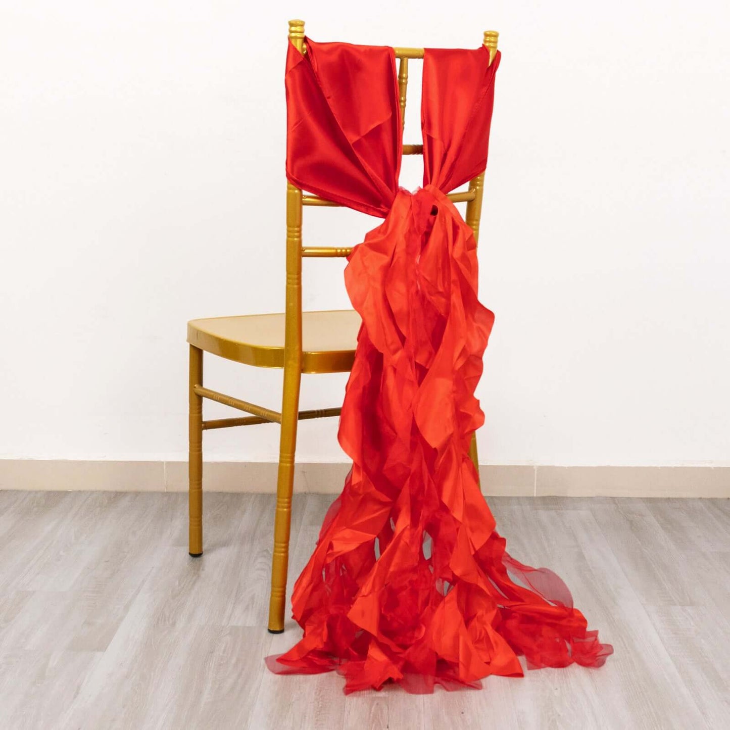 5 Pack Chiffon Satin Chair Sashes Red - Easy to Install Ruffled Curly Willow