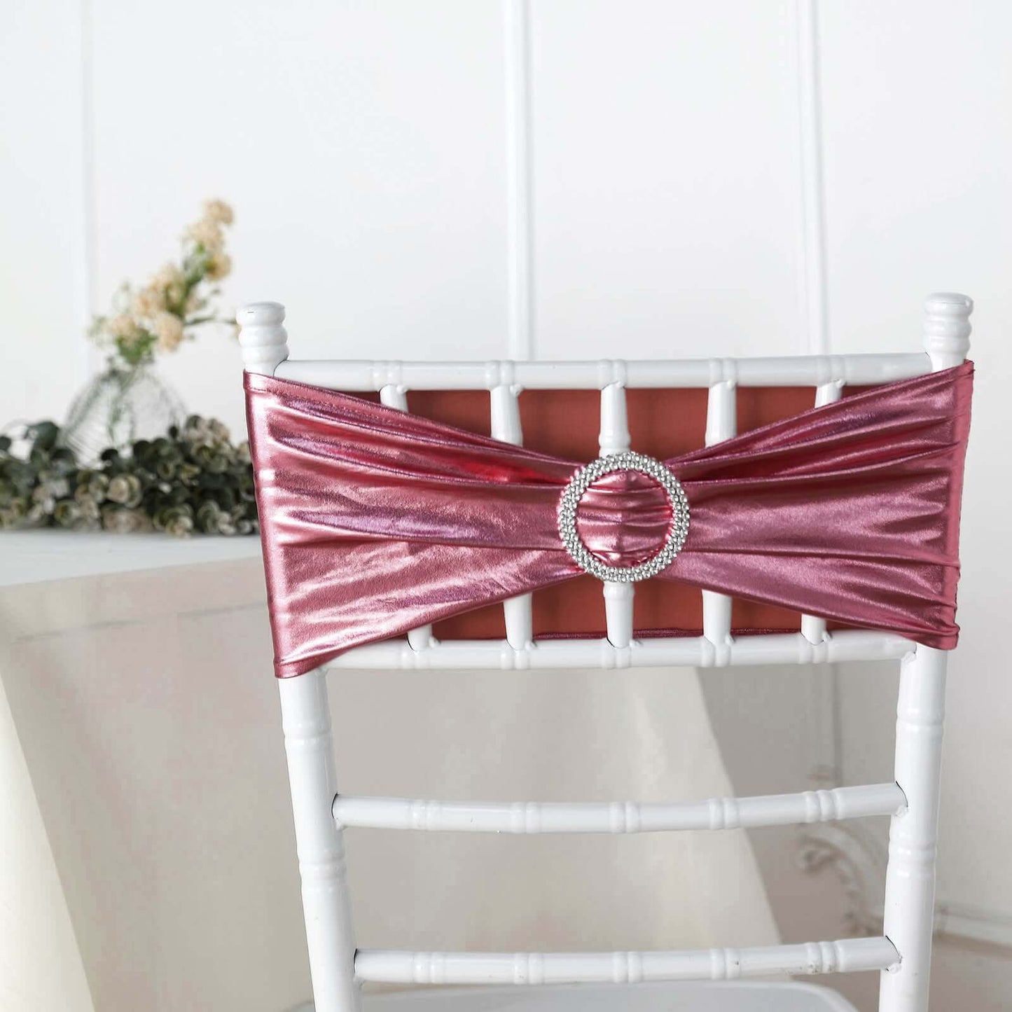 5 Pack Metallic Spandex Chair Sashes Rose Gold - Stretch Fit Chair Bands With Round Diamond Buckles