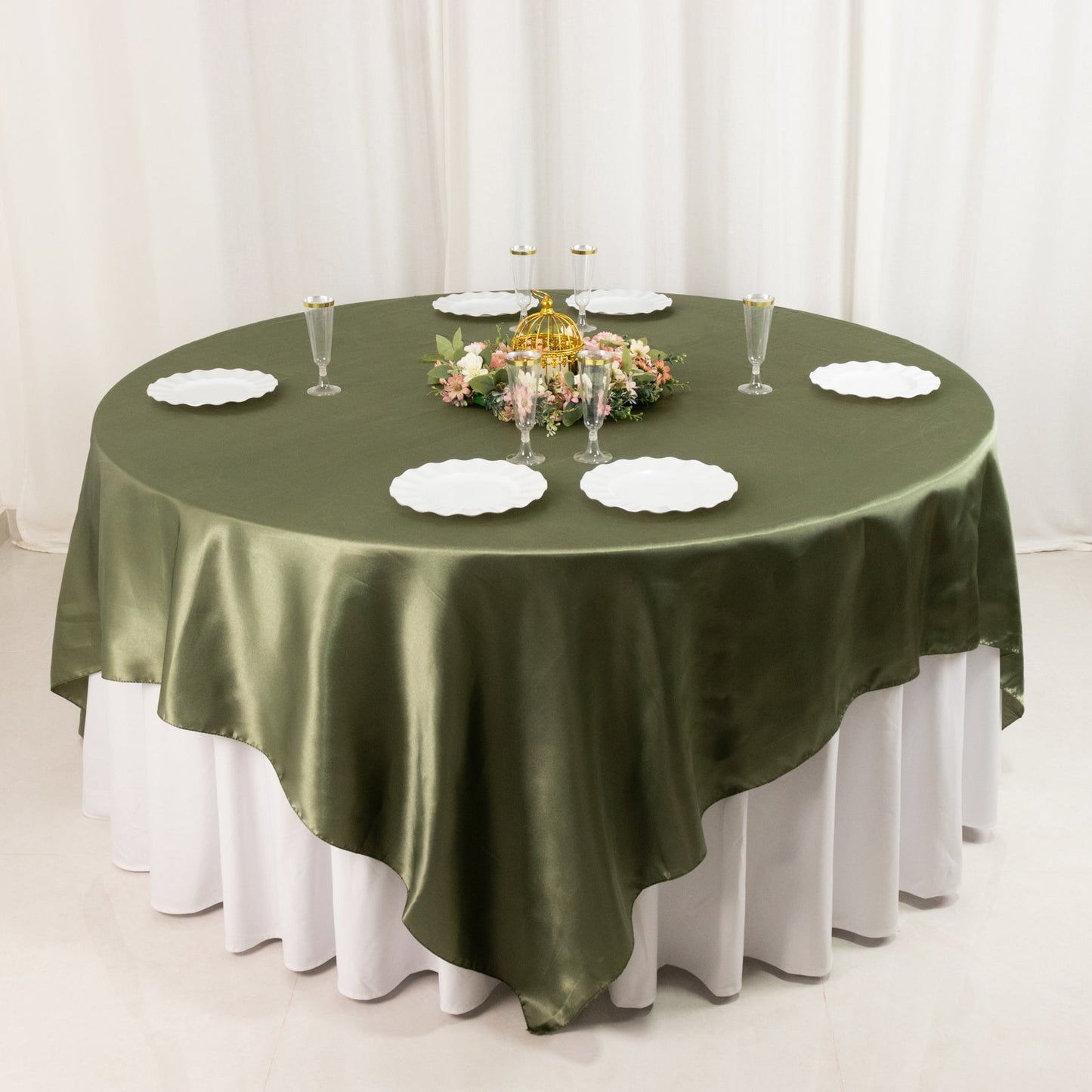 Satin 90"x90" Table Overlay Square Tablecloth Dusty Sage Green - Smooth Finish Table Topper
