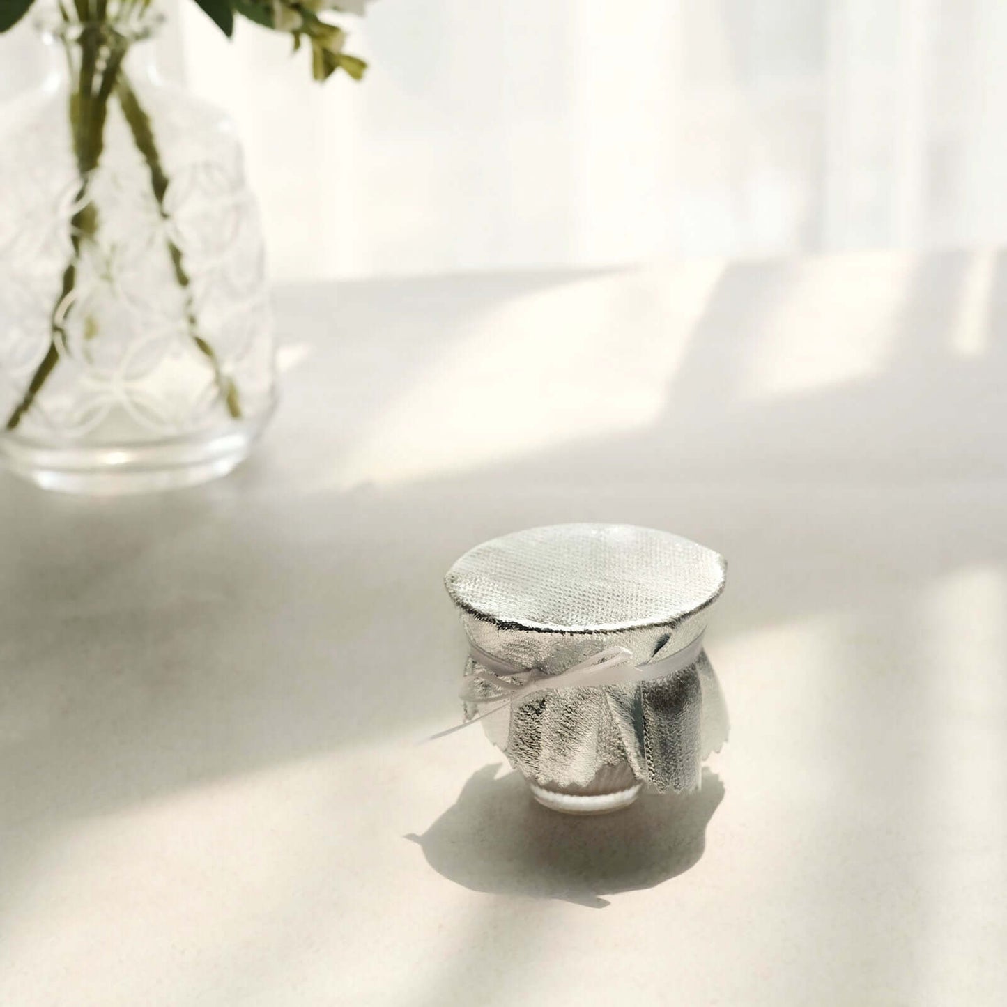 6-Pack Jar Covers Metallic Silver Round Lame Fabric Design with Satin Tie String - DIY Party Favors & Craft Supplies 6"