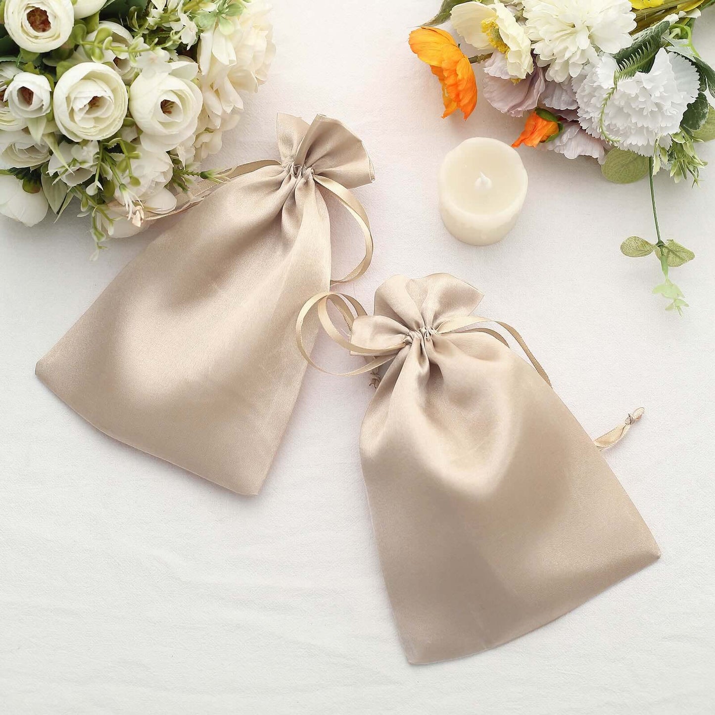 12 Pack 6"x9" Beige Satin Drawstring Wedding Party Favor Gift Bags