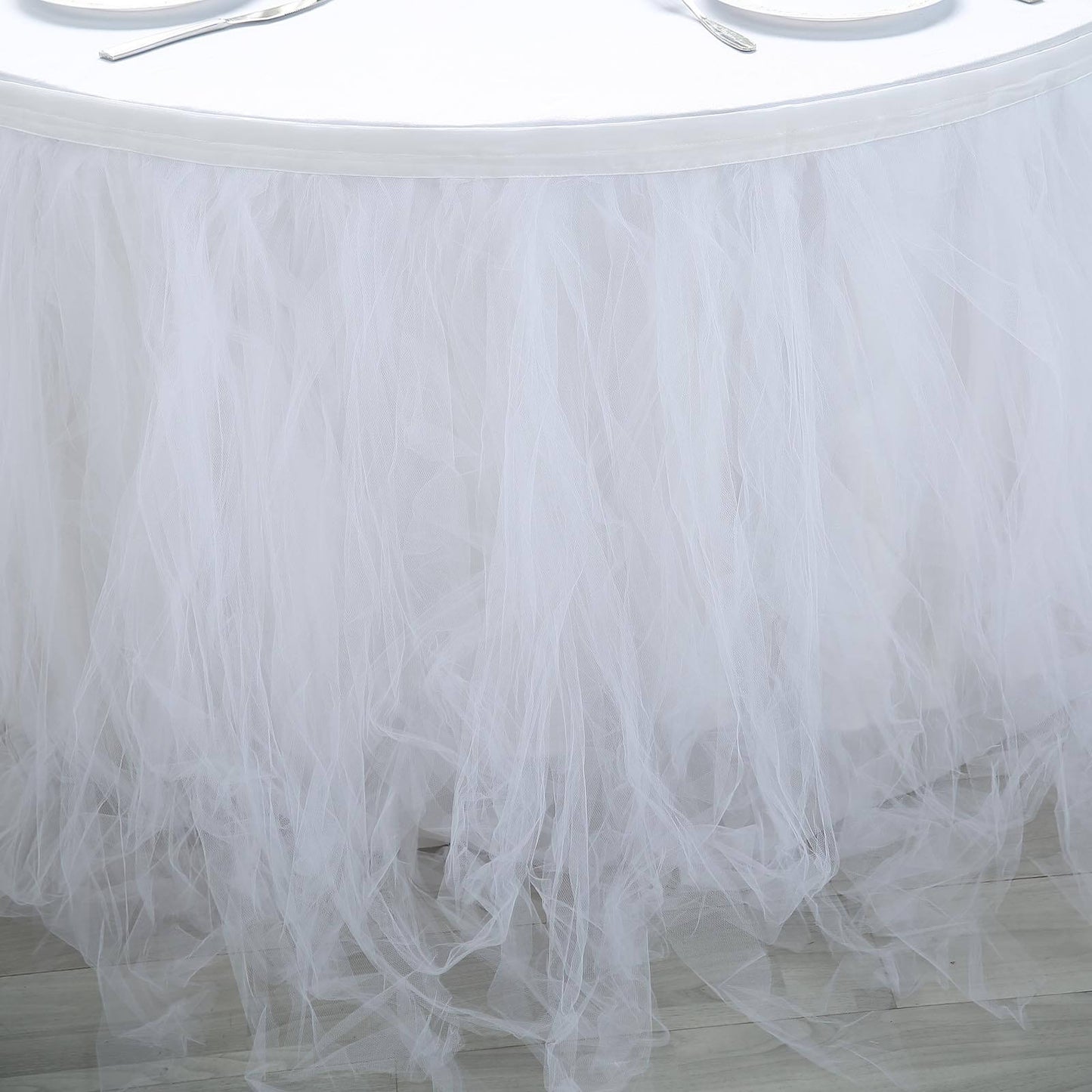 Tulle 21ft Table Skirt White - 4 Layer Pleated Tutu Chic & Soft Event Table Cover